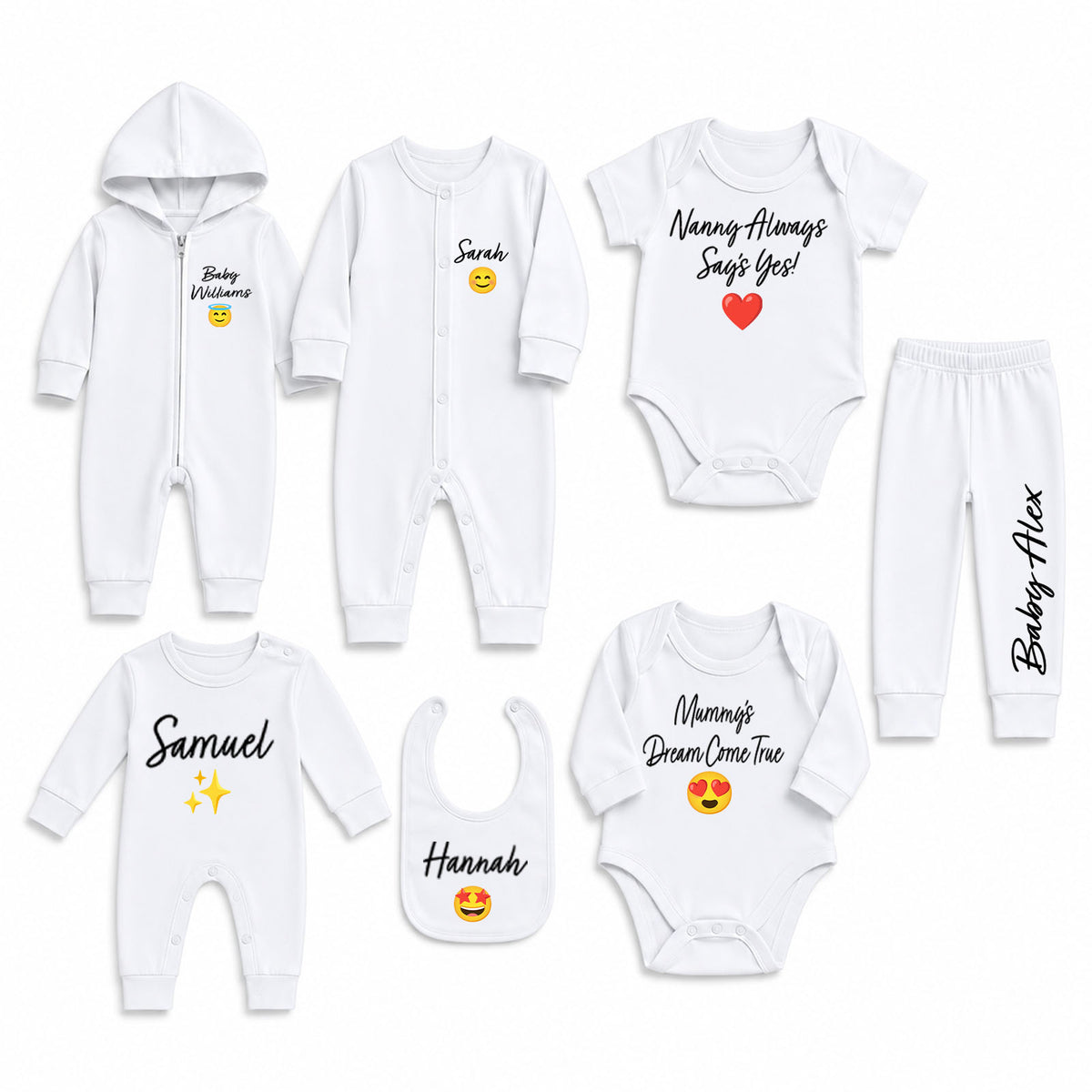 A coordinated baby clothing set laid out on a white background, including a hooded zip romper, long-sleeve bodysuit, short-sleeve bodysuit, pants, bib, and two footless bodysuits with printed names, emoji graphics, and phrases.