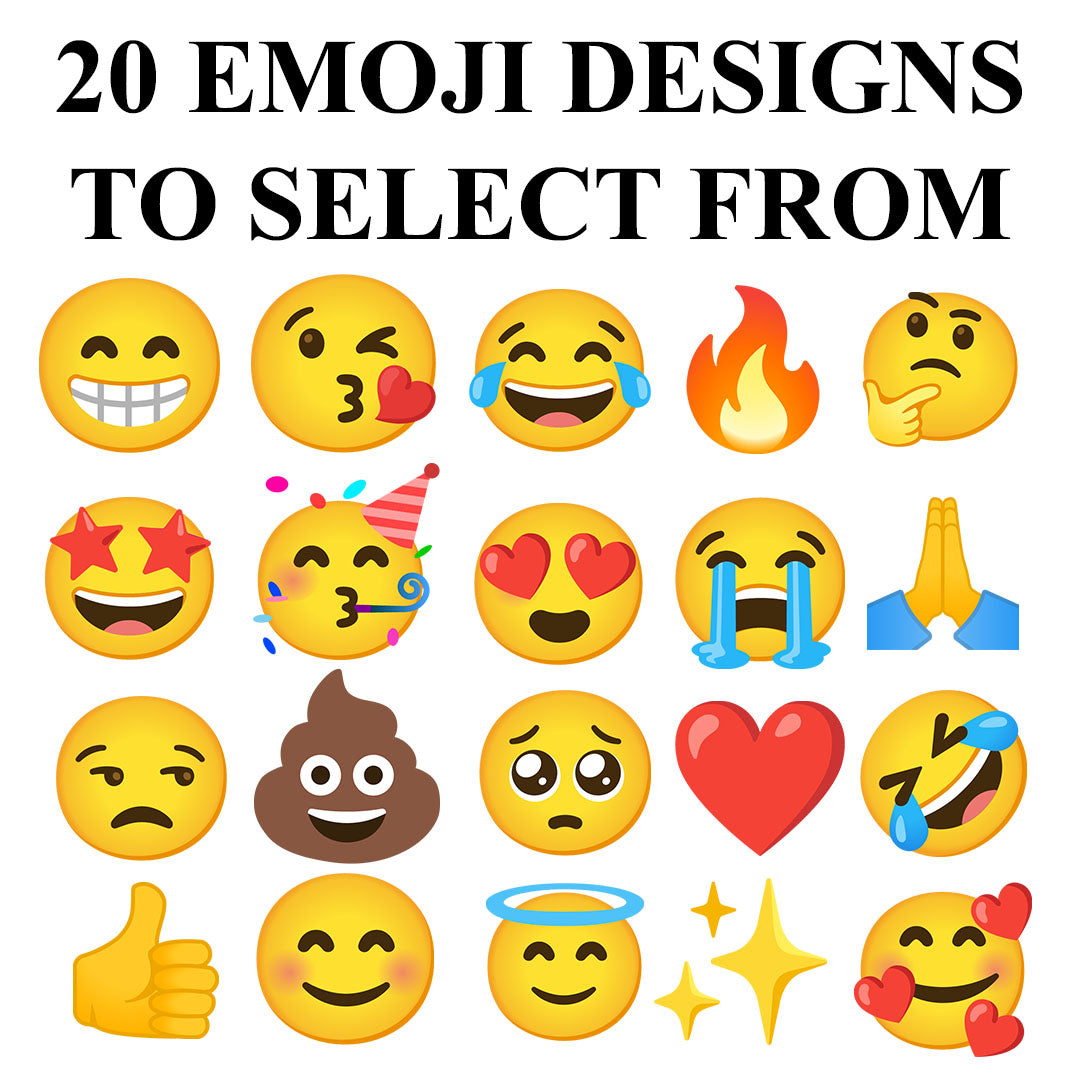 Grid of 20 vibrant emoji options including hearts, stars, tears, smiles, flames, and more, available for custom baby bodysuit designs.