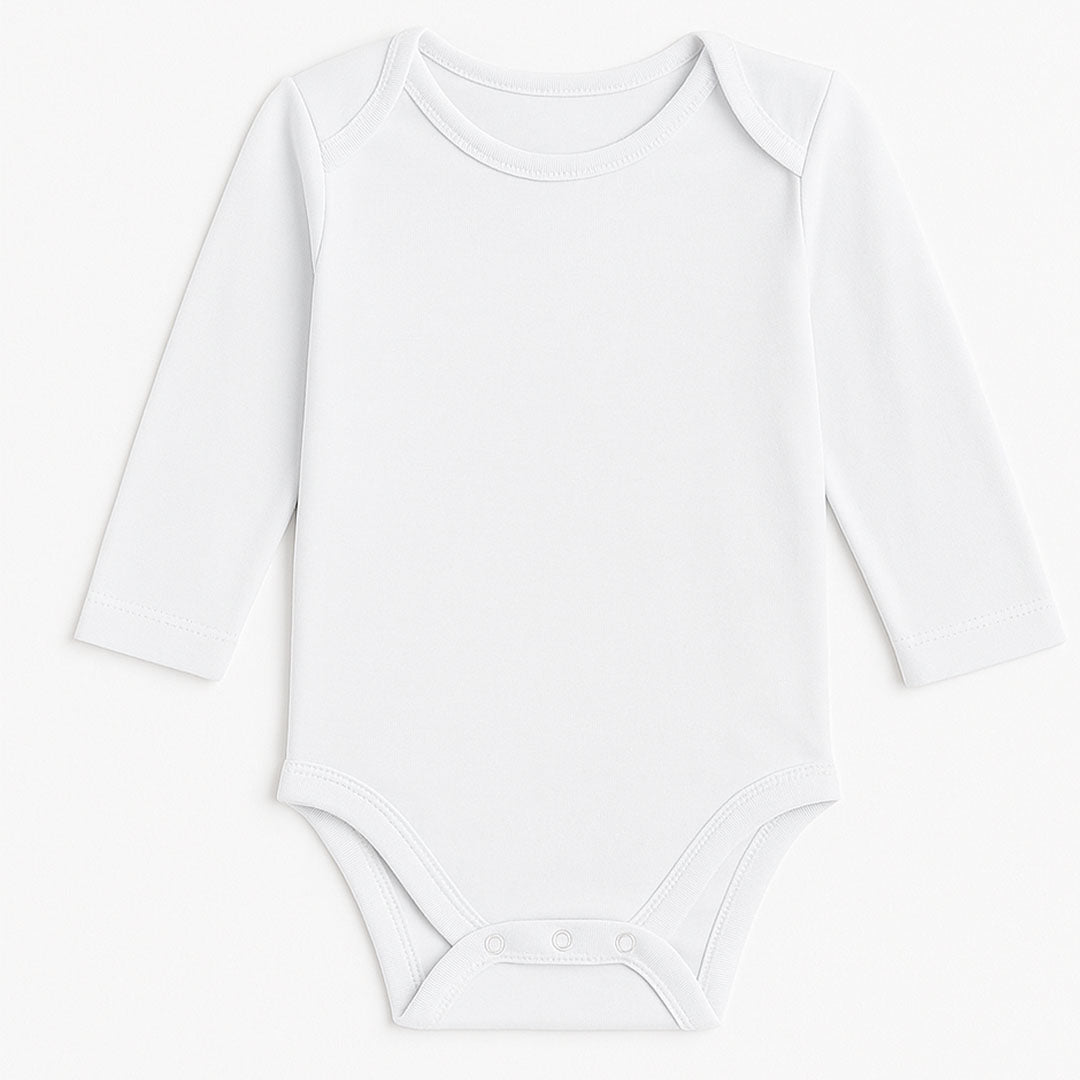 Simple and soft white long sleeve baby bodysuit, ideal for cooler weather and layering. Designed for easy changes and ultimate comfort.