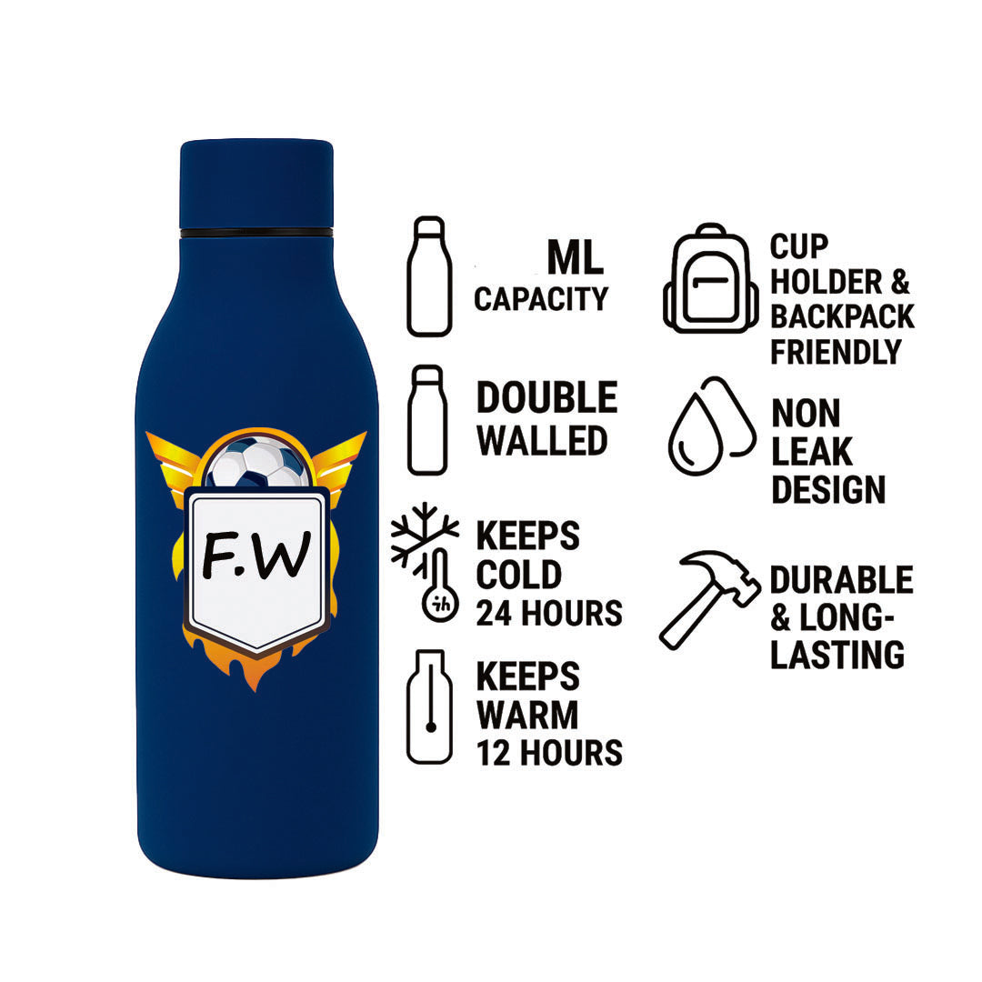 Blue insulated bottle with branding and features listed on a white background