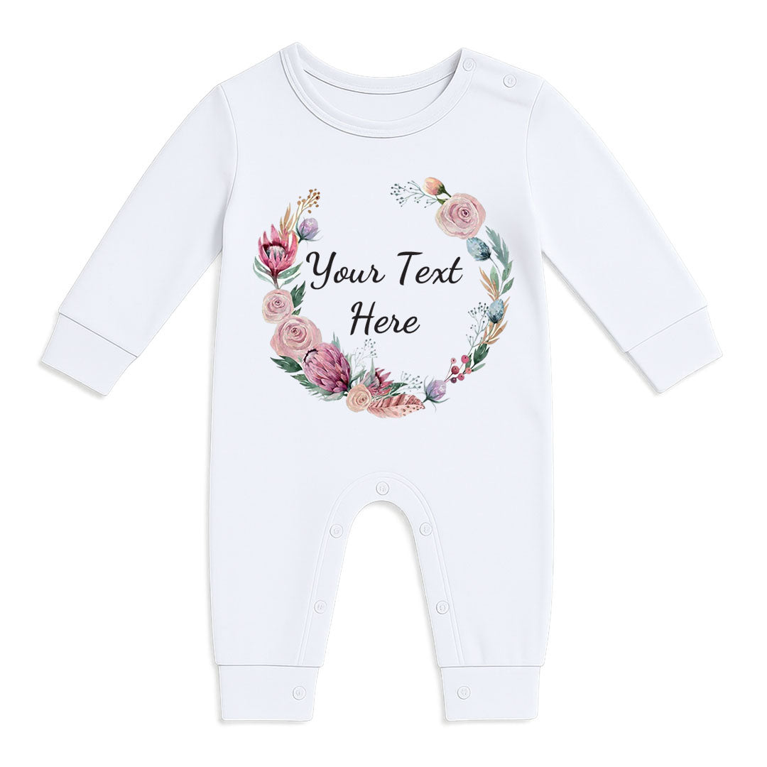 White baby onesie with floral design and customizable text on a white background