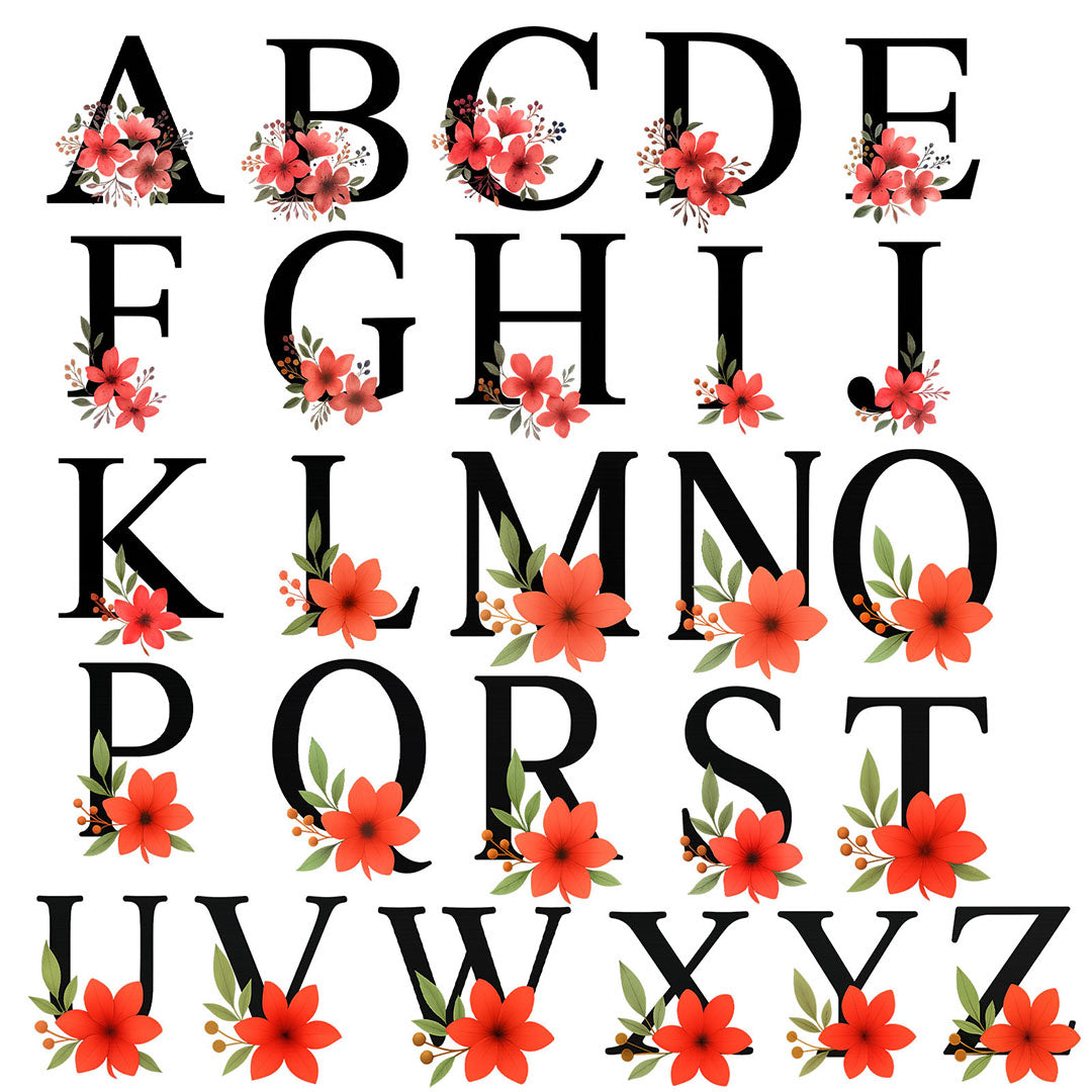 Elegant floral alphabet clipart featuring A to Z letters with red and pink botanical accents – ideal for nursery prints, crafts, and personalized gifts.