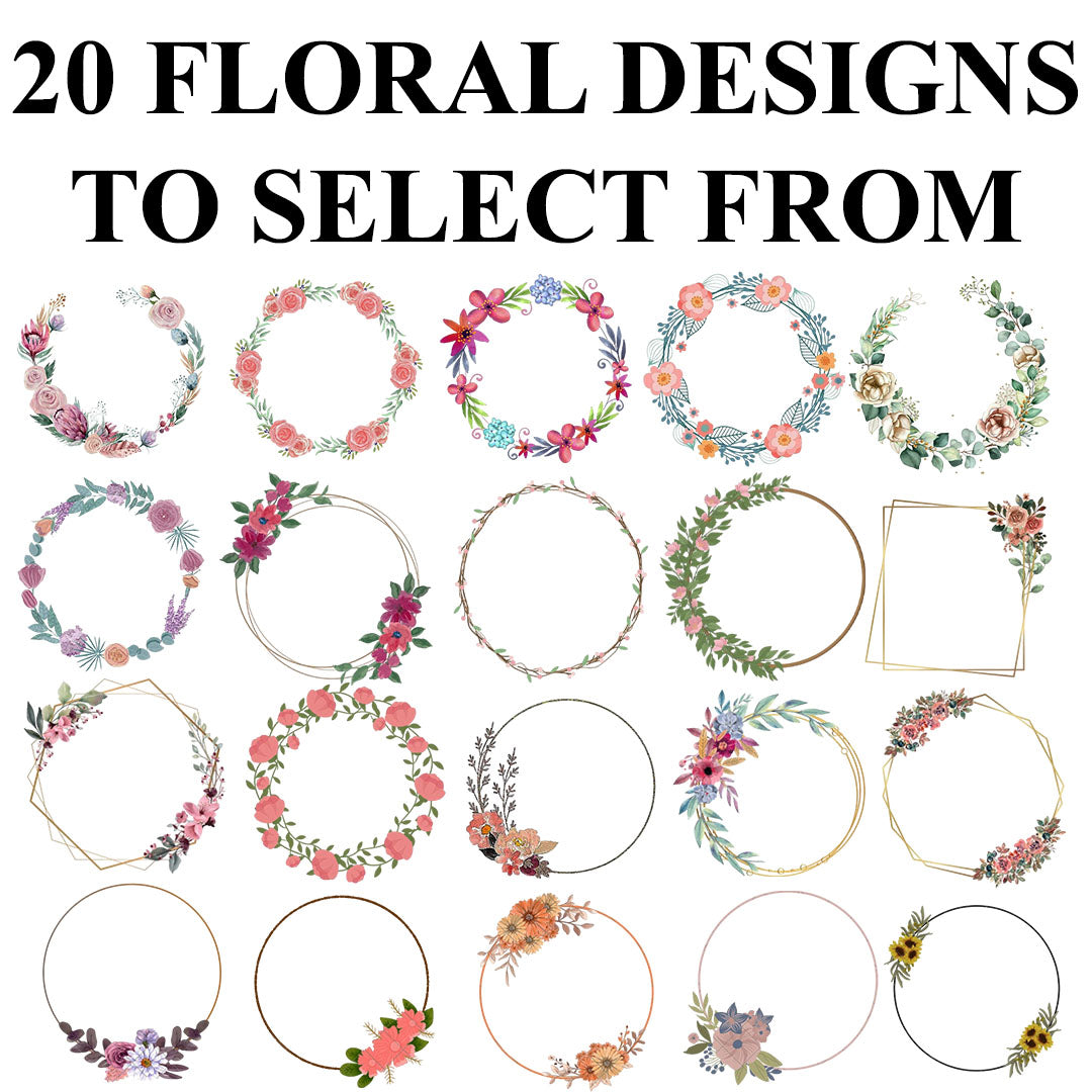 Chart displaying 20 different circular floral wreath frame designs for baby vest customisation, each with a unique combination of flowers and greenery.
