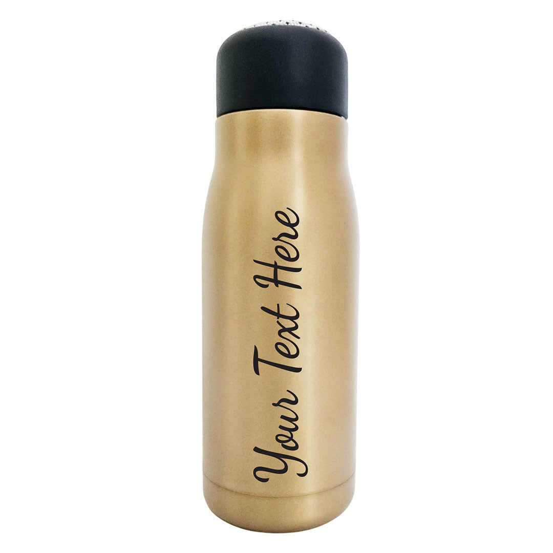 Gold water bottle with black text 'Your Text Here' on a white background