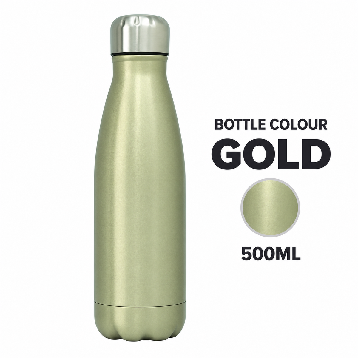 A 500ml insulated water bottle in a matte gold finish with a silver stainless steel cap, shown next to text reading 'BOTTLE COLOUR GOLD' and a circular color swatch on a white background.