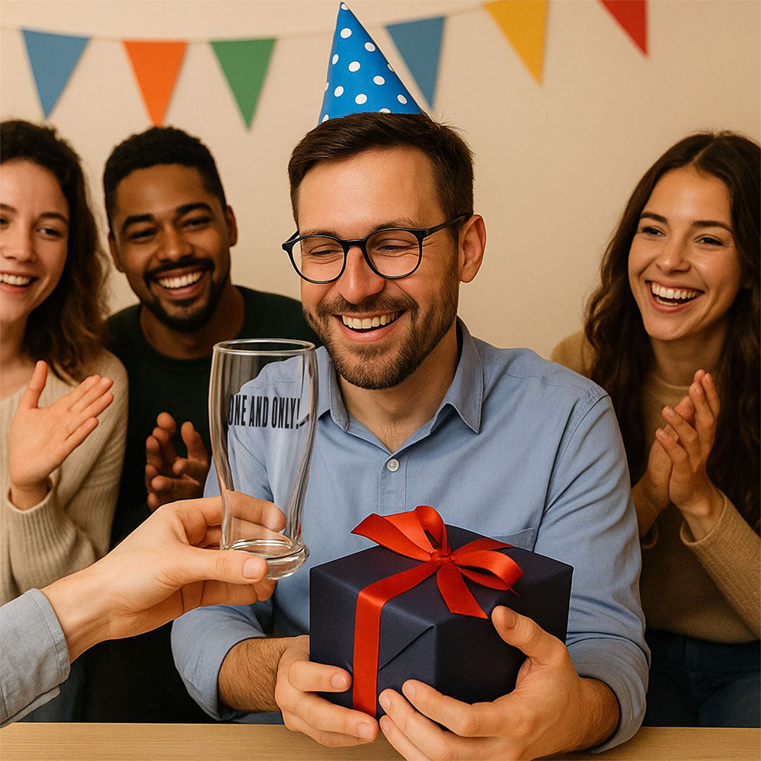 Group of friends presenting a personalised pint glass gift at a birthday party, perfect for celebrating special moments.
