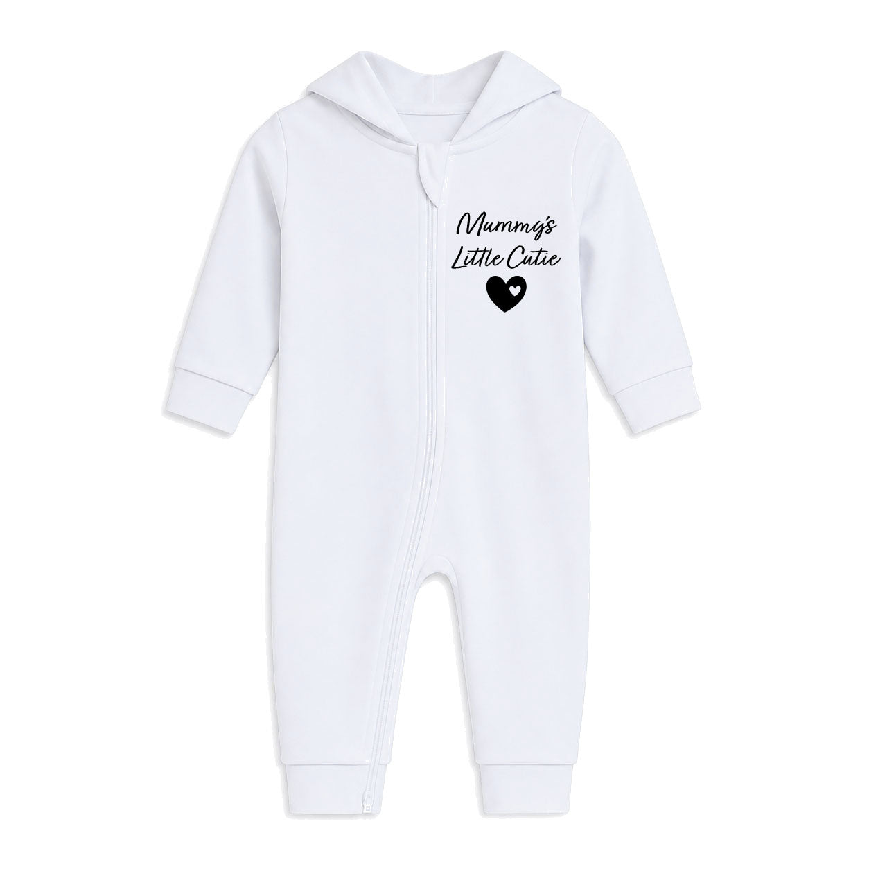 A white long-sleeve baby hooded footless one-piece romper with a front zipper and a black graphic print on the chest reading 'Mumma's Little Catie' with a small heart, shown on a plain white background.