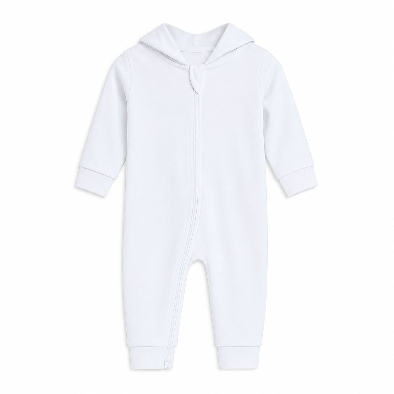 A white long-sleeve baby footless one-piece jumpsuit with a hood and front zipper, shown flat on a white background.
