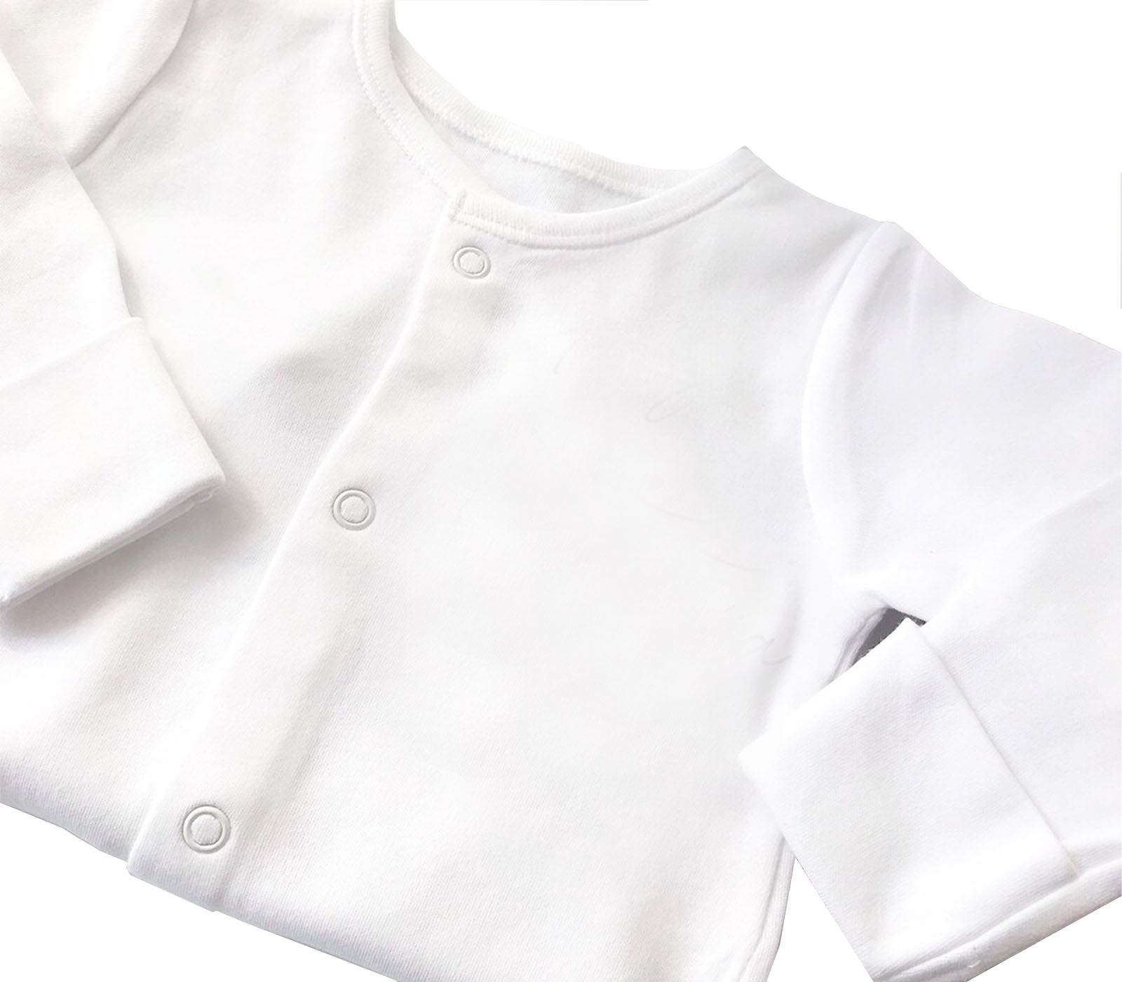 Plain white footed baby sleepsuit – warm, ultra-soft, and designed for comfort. Ideal baby onesie for night time sleep, crafted from premium cotton for newborns and toddlers.