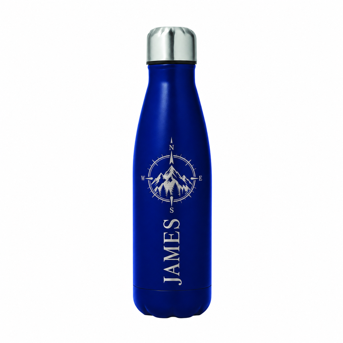 A dark blue insulated water bottle with a silver cap, featuring a white compass graphic with a mountain design and the name 'JAMES' printed vertically, shown on a plain white background.