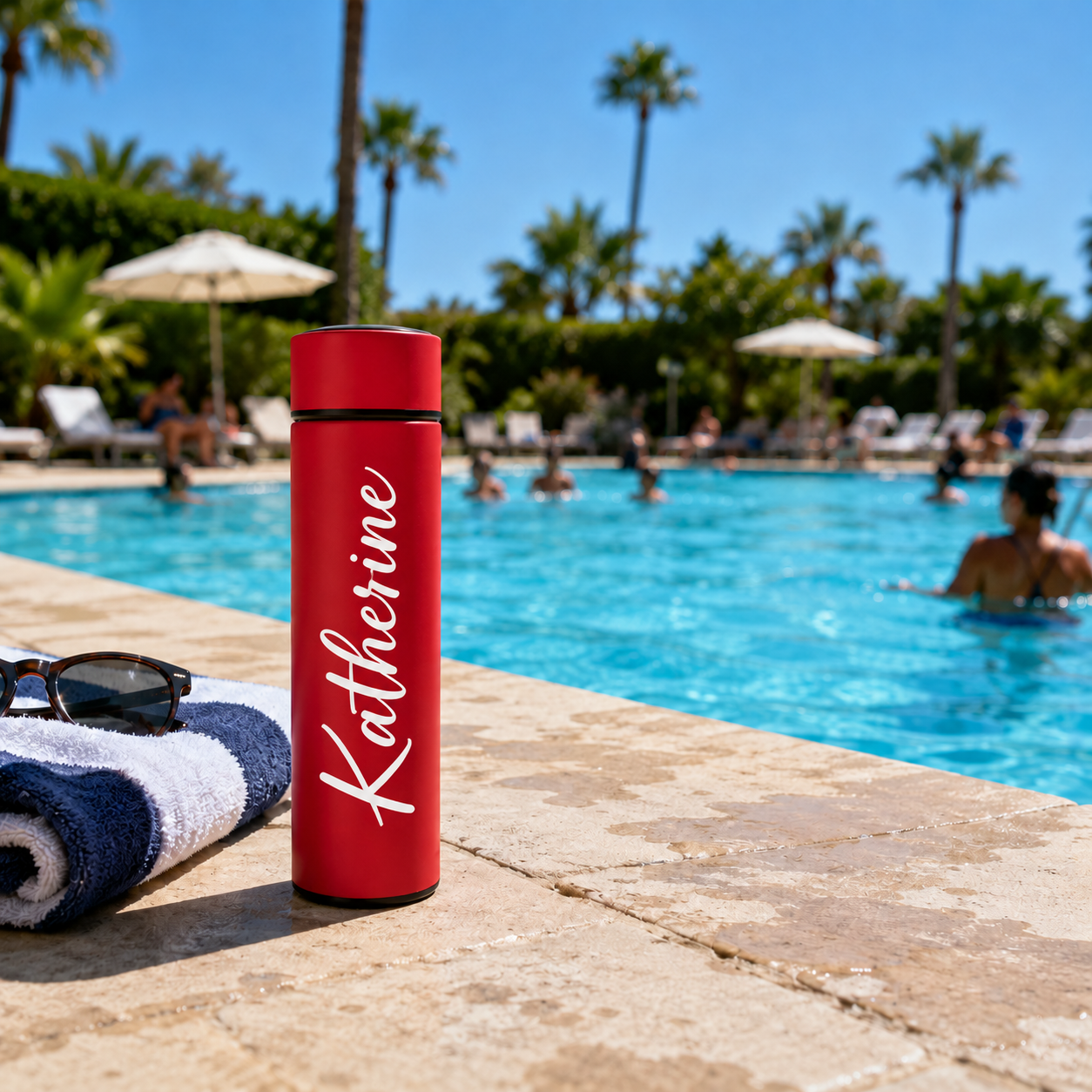 A red insulated tumbler with the name 'Katherine' printed in white script stands on a poolside deck. A rolled towel, sunglasses, and a swimming pool with palm trees are visible in the background.