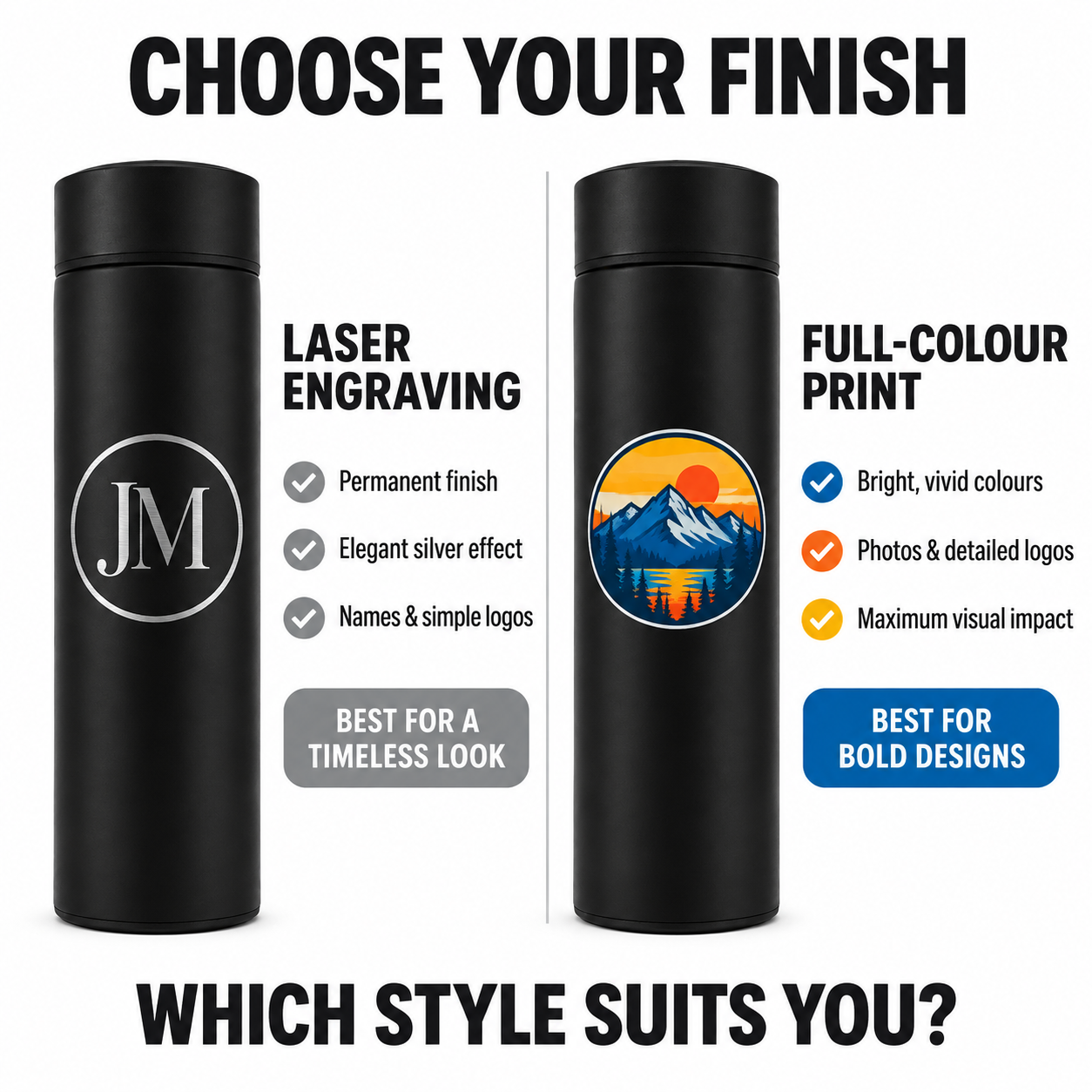 A promotional graphic showing two black insulated tumblers side by side with text options for finish customization. The left tumbler is labeled 'LASER ENGRAVING' with a monogram example, and the right tumbler is labeled 'FULL-COLORE PRINT' with a mountain sunset illustration.
