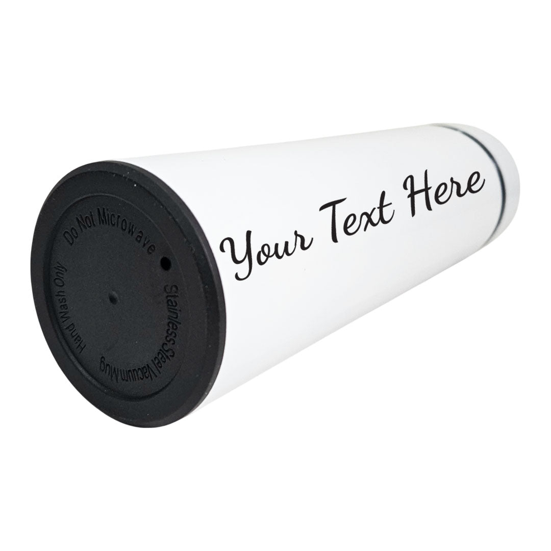 White coffee sleeve with black text area and black lid on a white background
