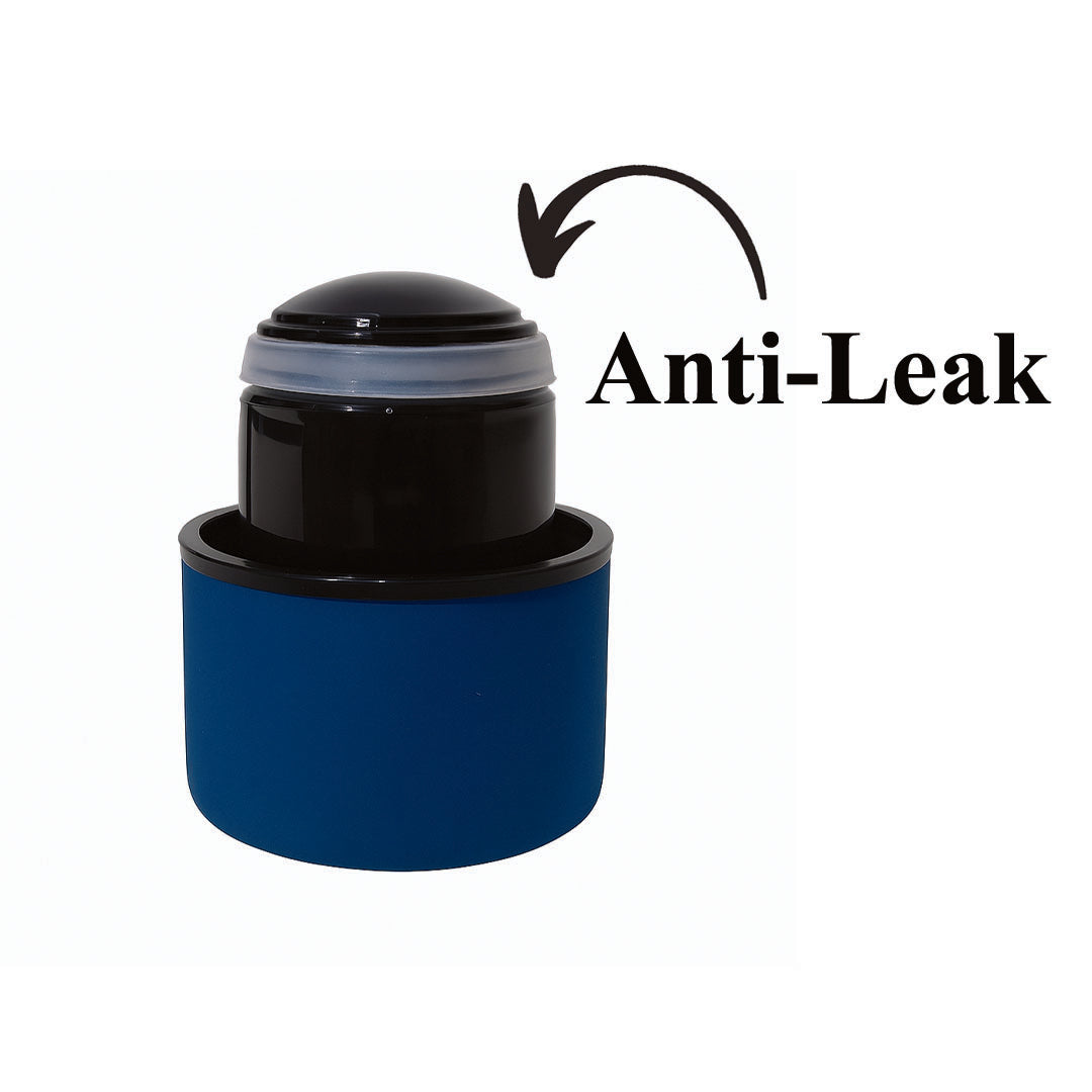 Blue container with black lid labeled 'Anti-Leak' on a white background