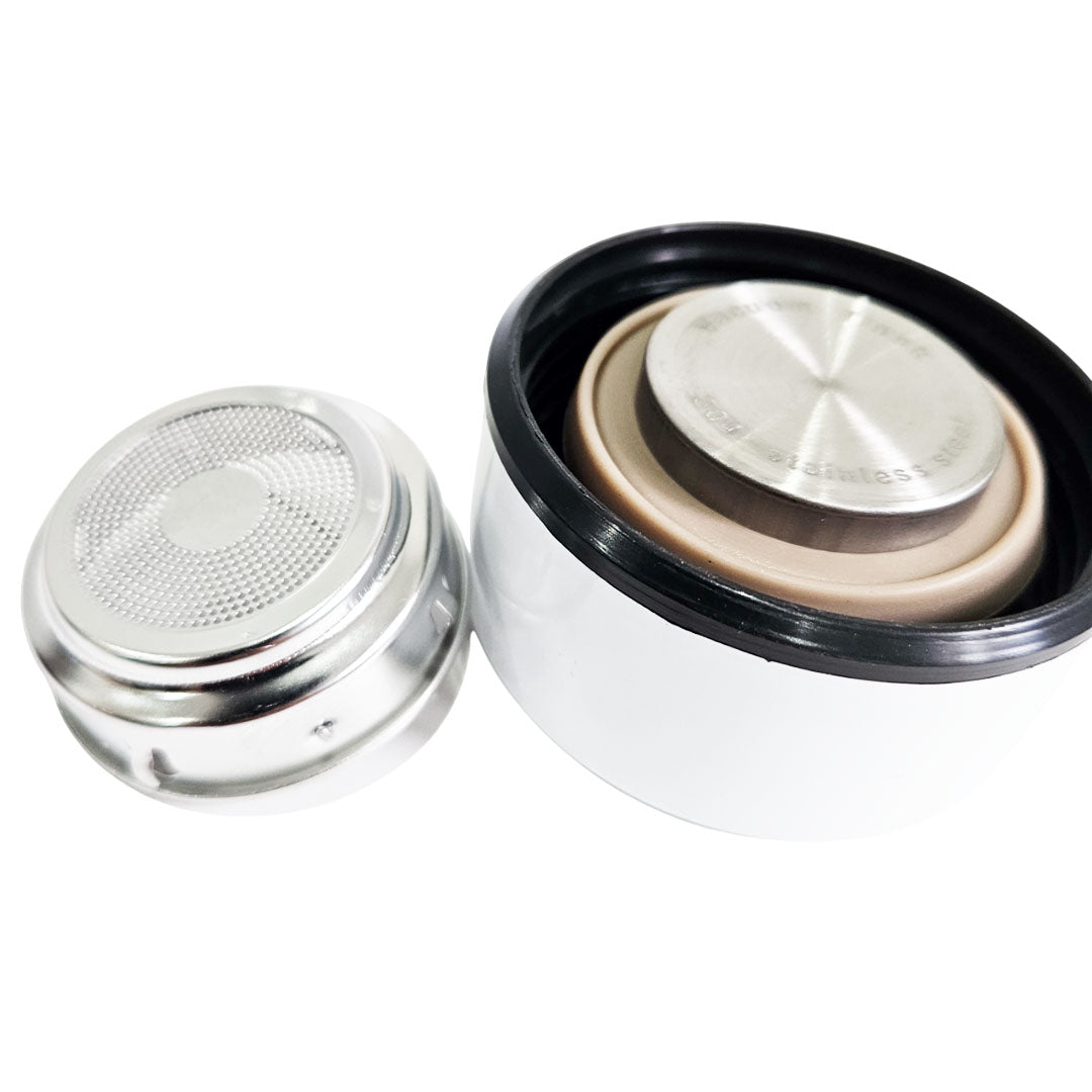 Metallic container with a lid on a white background