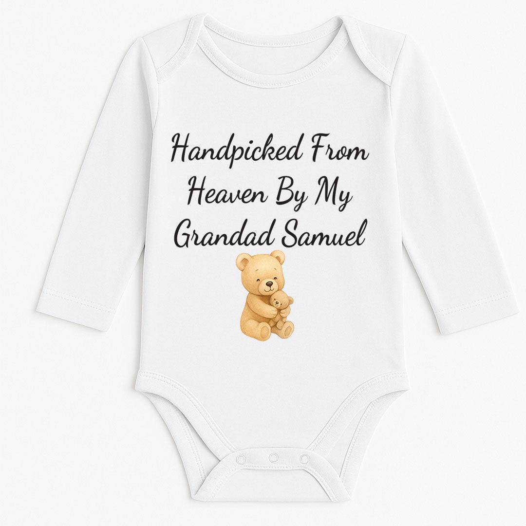 Heartwarming long-sleeve baby bodysuit with the phrase 'Handpicked From Heaven By My Grandad Samuel' and a cute bear holding a smaller bear. A perfect tribute outfit for new arrivals.