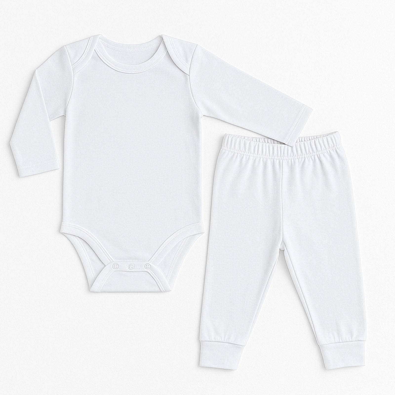 A two-piece baby clothing set consisting of a long-sleeve bodysuit and matching jogger pants, both in solid white, laid flat on a clean white background.