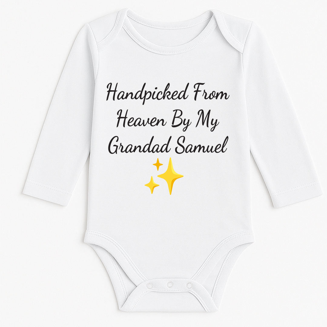 Long-sleeve white baby onesie with touching message “Handpicked From Heaven By My Grandad Samuel” and red heart emoji, perfect for memorial keepsakes.
