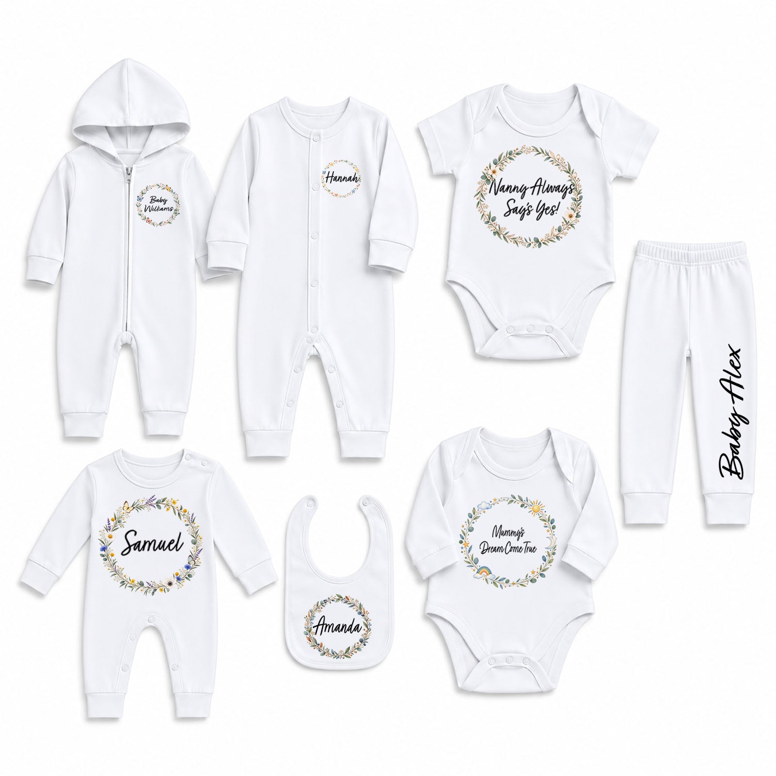 A 6-piece personalized baby clothing set in white, including a zip-up hooded romper, long-sleeve bodysuit, pants, bib, and two short-sleeve bodysuits, all arranged on a plain white background.