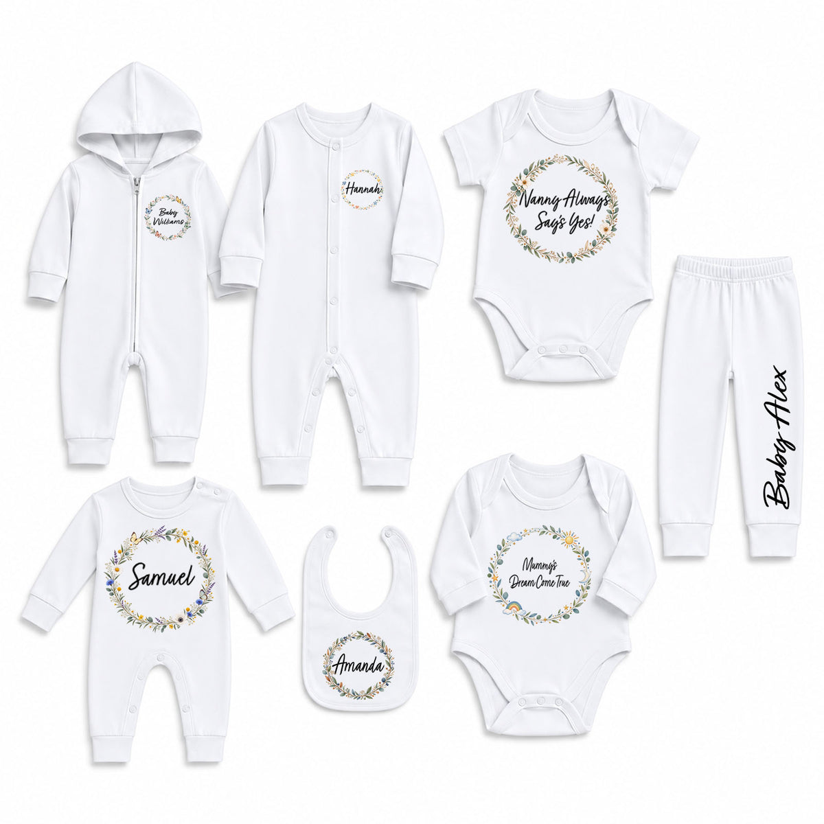 A 6-piece personalized baby clothing set in white, including a zip-up hooded romper, long-sleeve bodysuit, pants, bib, and two short-sleeve bodysuits, all arranged on a plain white background.