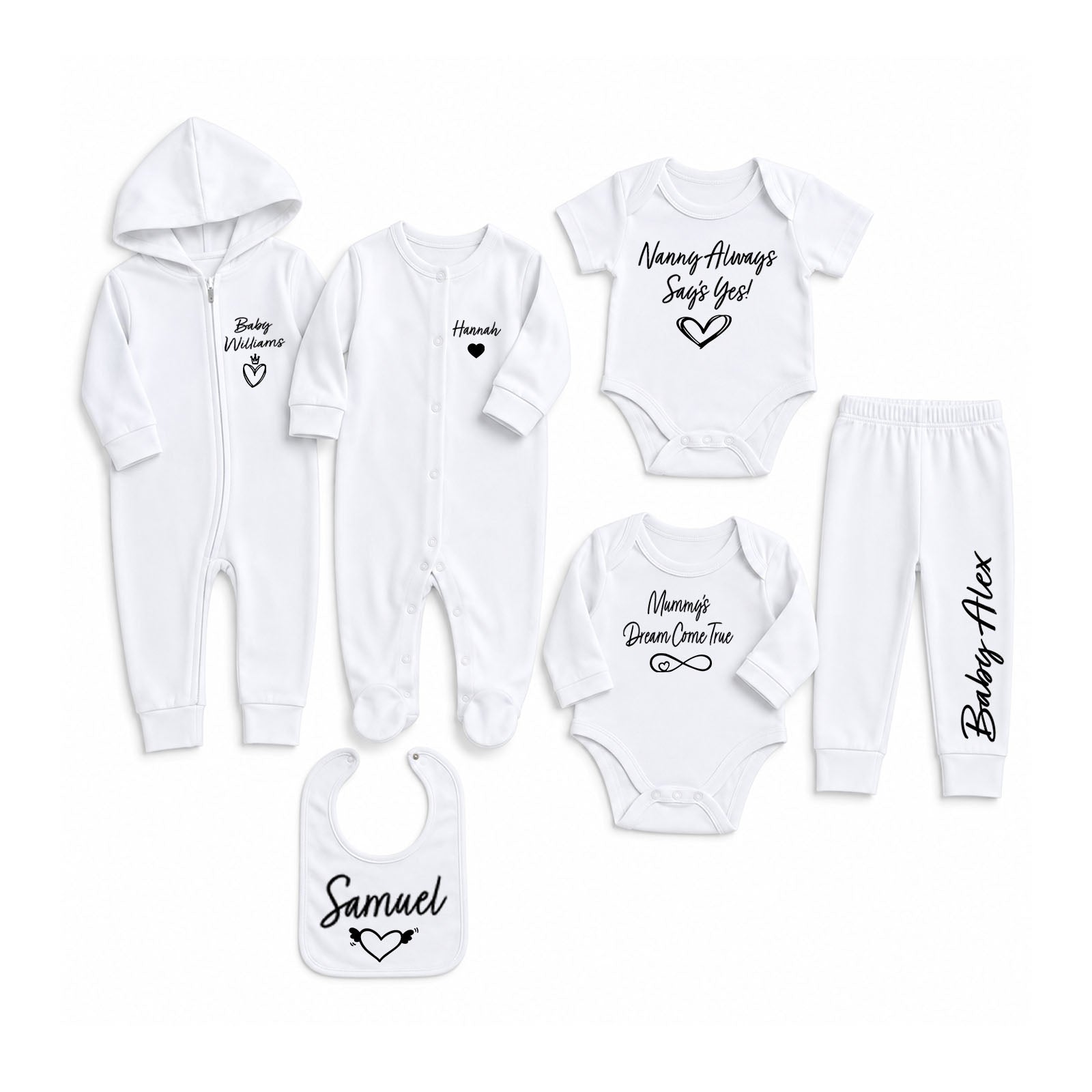 A 5-piece white baby clothing set with black printed text and heart graphics, including a hooded onesie, long-sleeve bodysuit, short-sleeve bodysuit, pants, and bib. The prints include personalized names and baby-themed phrases on a clean white background.