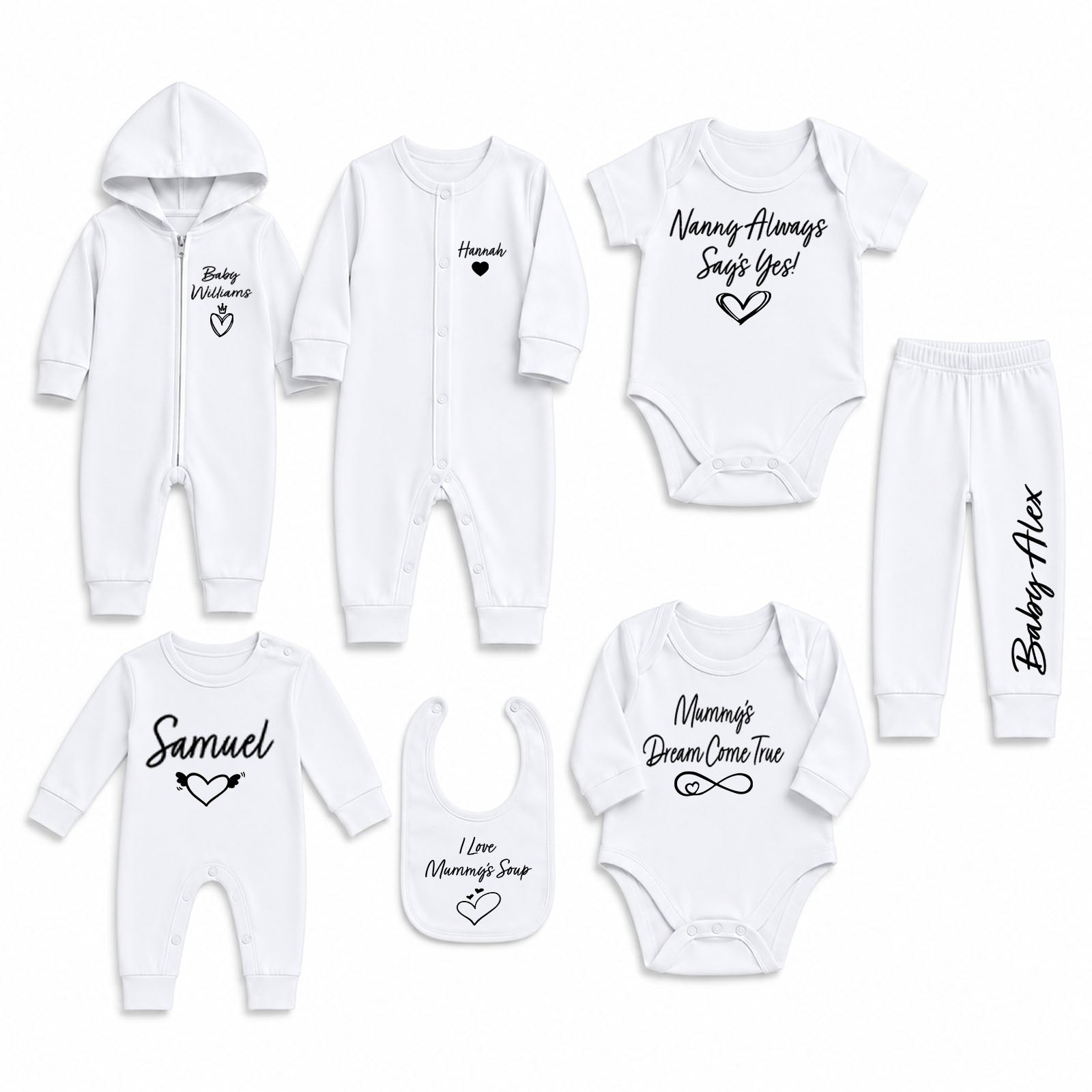 A coordinated baby clothing set laid out on a white background, including a hooded zip romper, long-sleeve bodysuit, short-sleeve bodysuit with text, pants, a long-sleeve bodysuit with name text, a bib, and a short-sleeve bodysuit with text. The garments are white with black printed graphics and text.