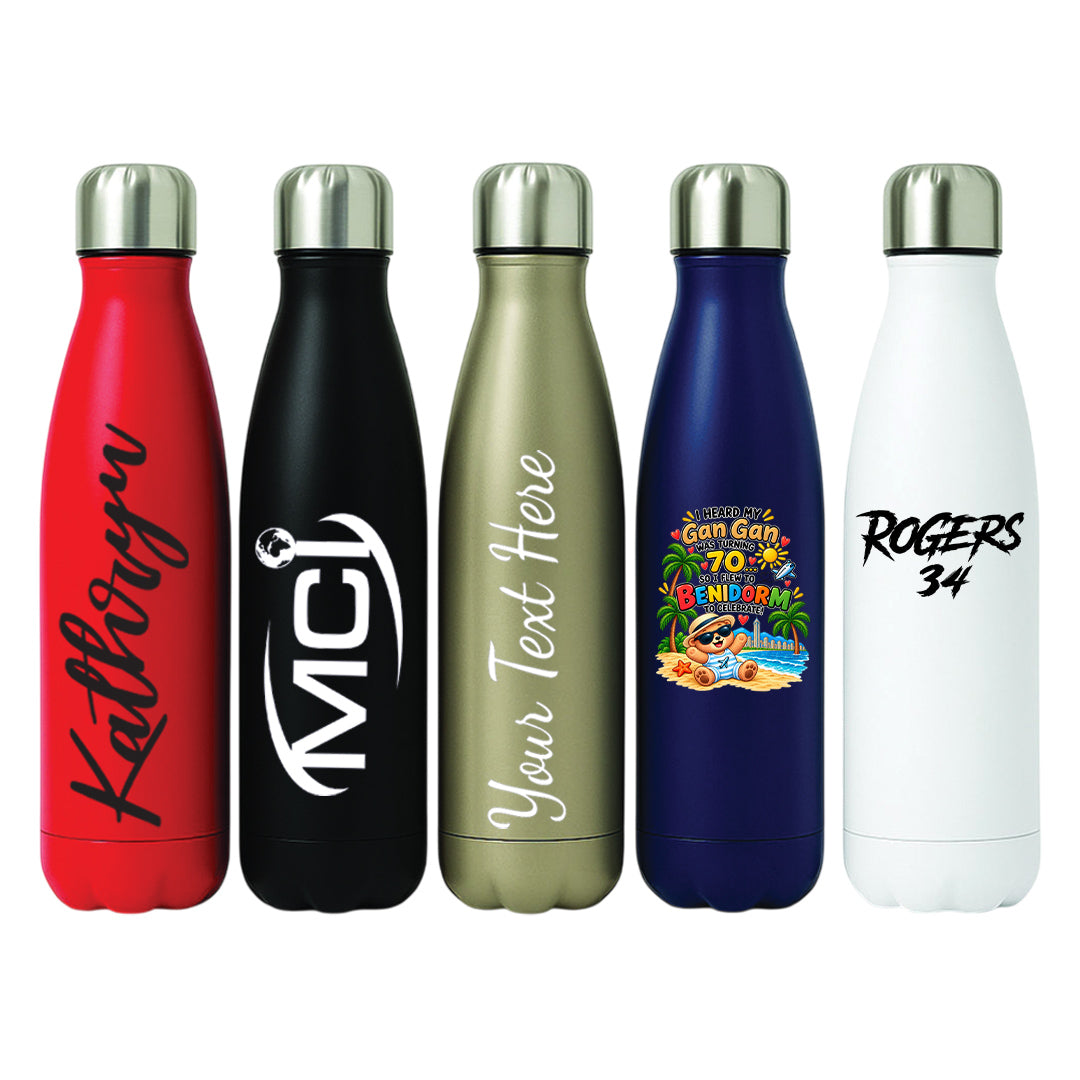 Five insulated water bottles with silver caps shown side by side on a white background, each with different printed personalization designs including names, placeholder text, and a beach graphic.
