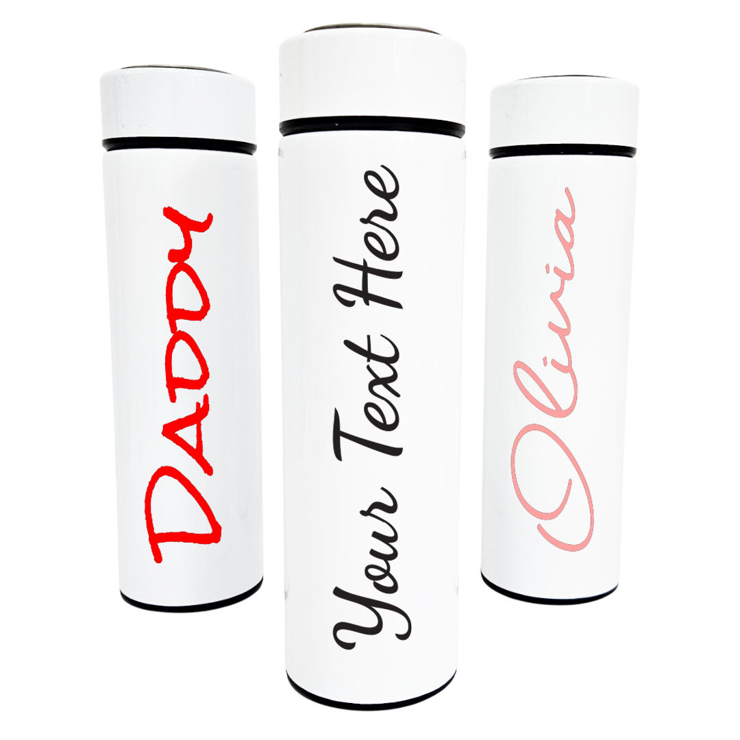 Three white thermos bottles with personalized text on a white background
