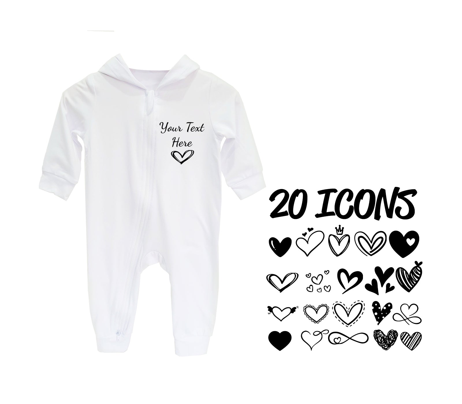 White Hooded Zipped Open Feet Romper Heart Icons