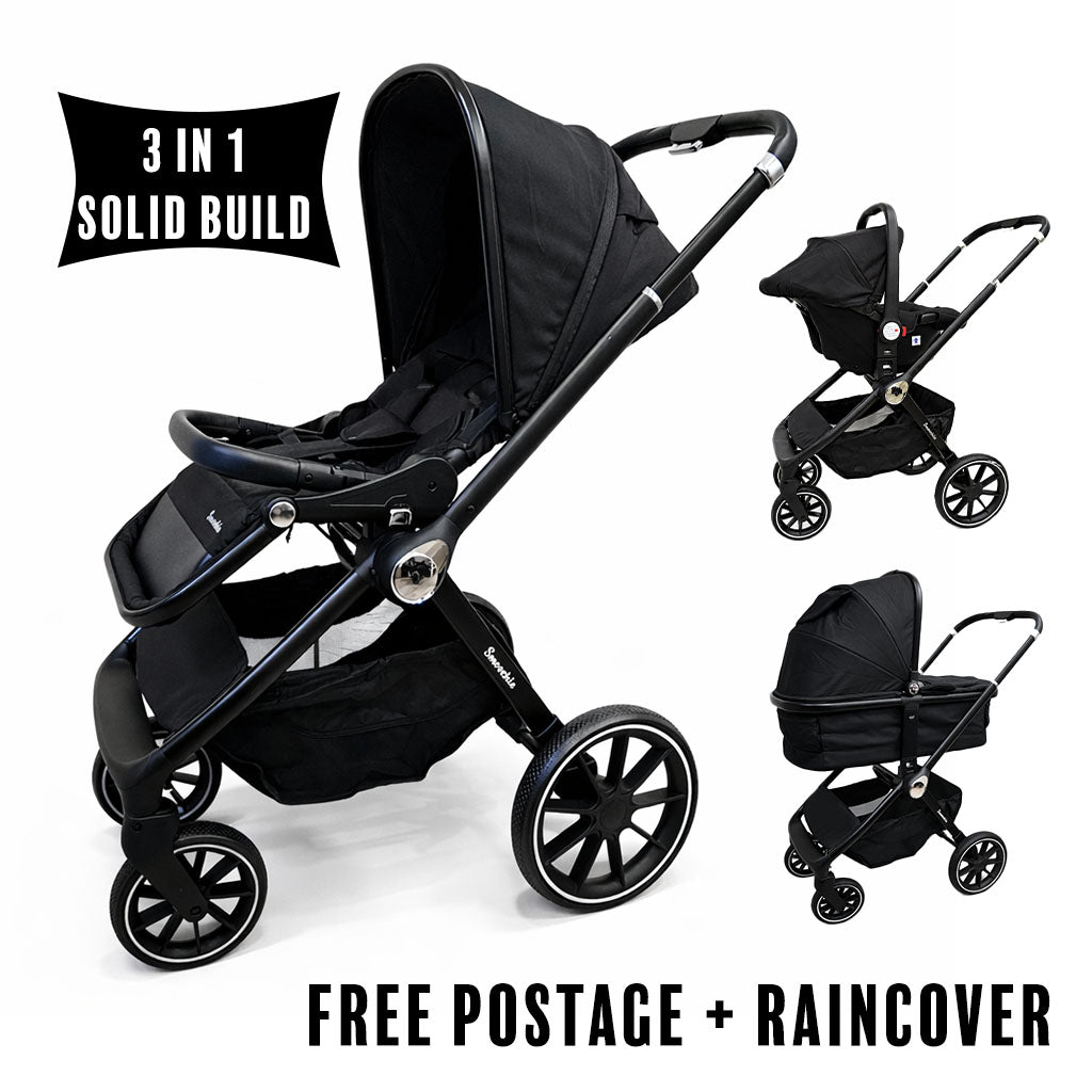 Black 3-in-1 stroller with free postage and raincover text on a white background