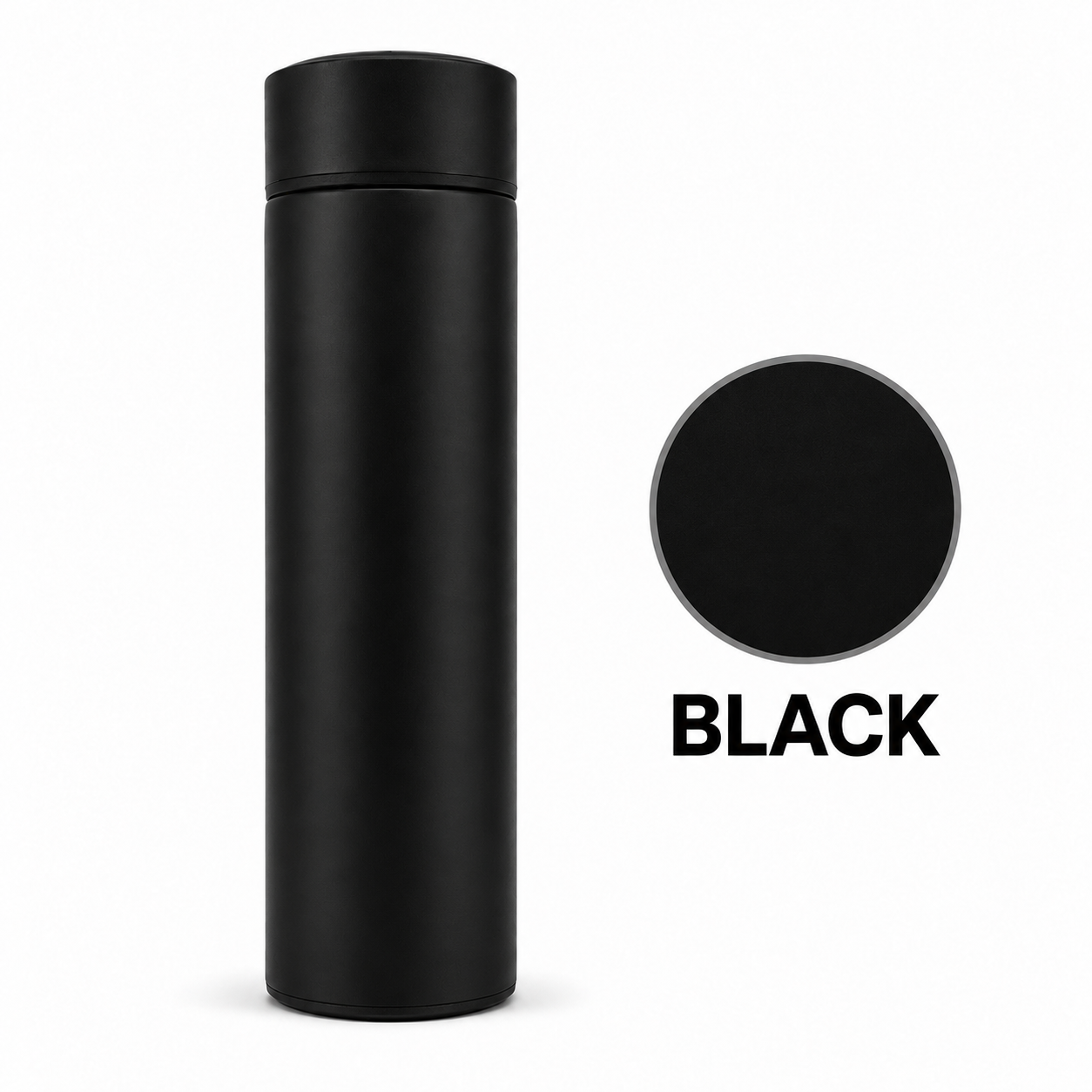 A matte black cylindrical tumbler with a matching black lid, shown next to a circular black color swatch and the word BLACK on a white background.