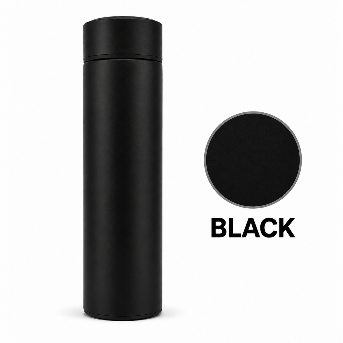 A matte black cylindrical tumbler with a matching black lid, shown next to a circular black color swatch and the word BLACK on a white background.