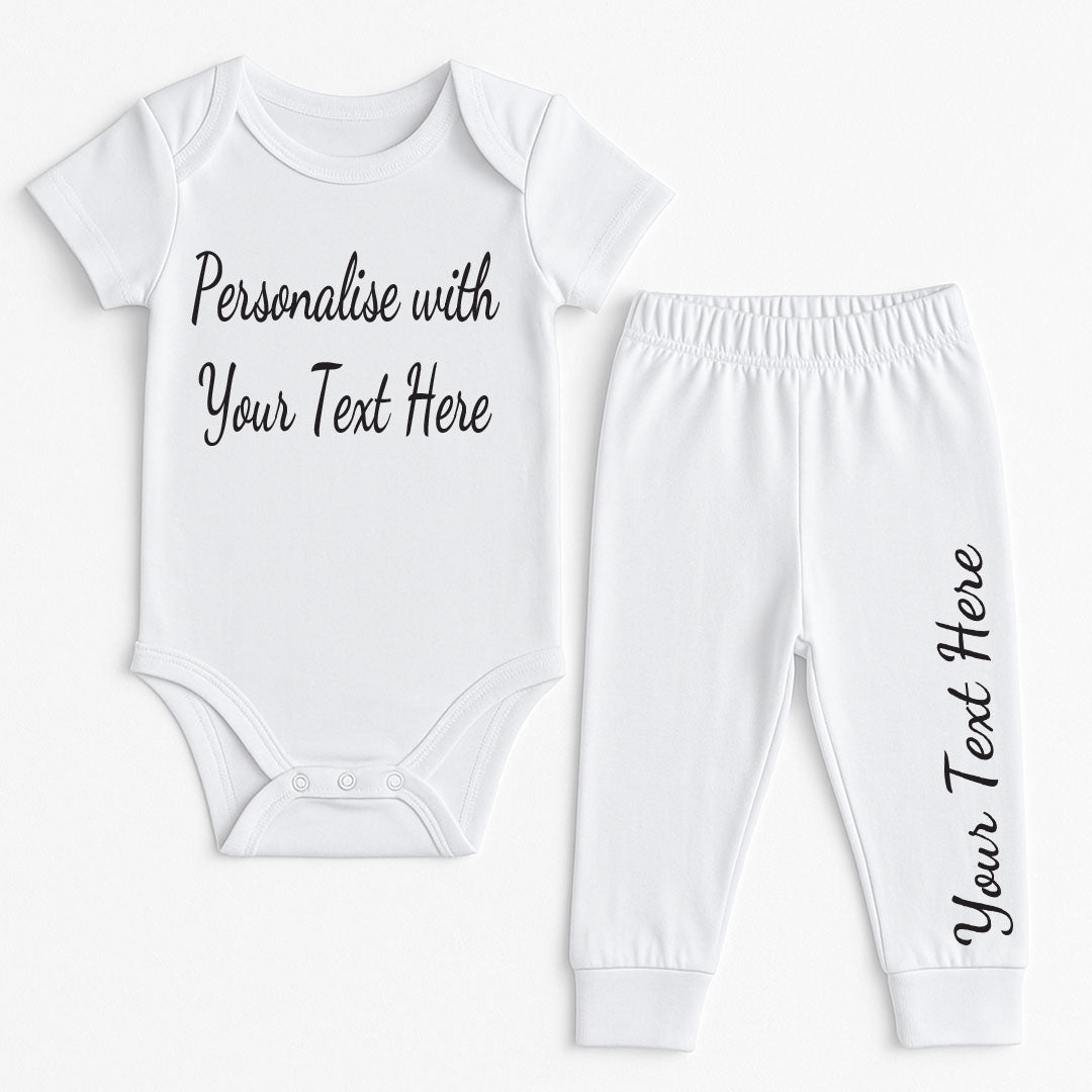 Simple white baby bodysuit and matching pants featuring personalised text. Ideal custom baby clothing set for newborn gifts or everyday wear.