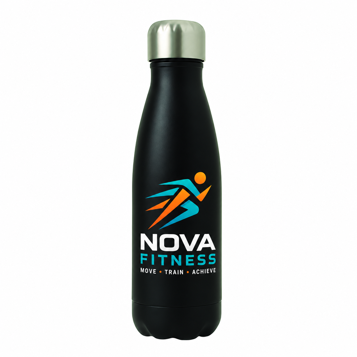 A matte black insulated water bottle with a metallic silver cap, featuring the 'NOVA FITNESS' logo in white, teal, and orange on the front, set against a plain white background.