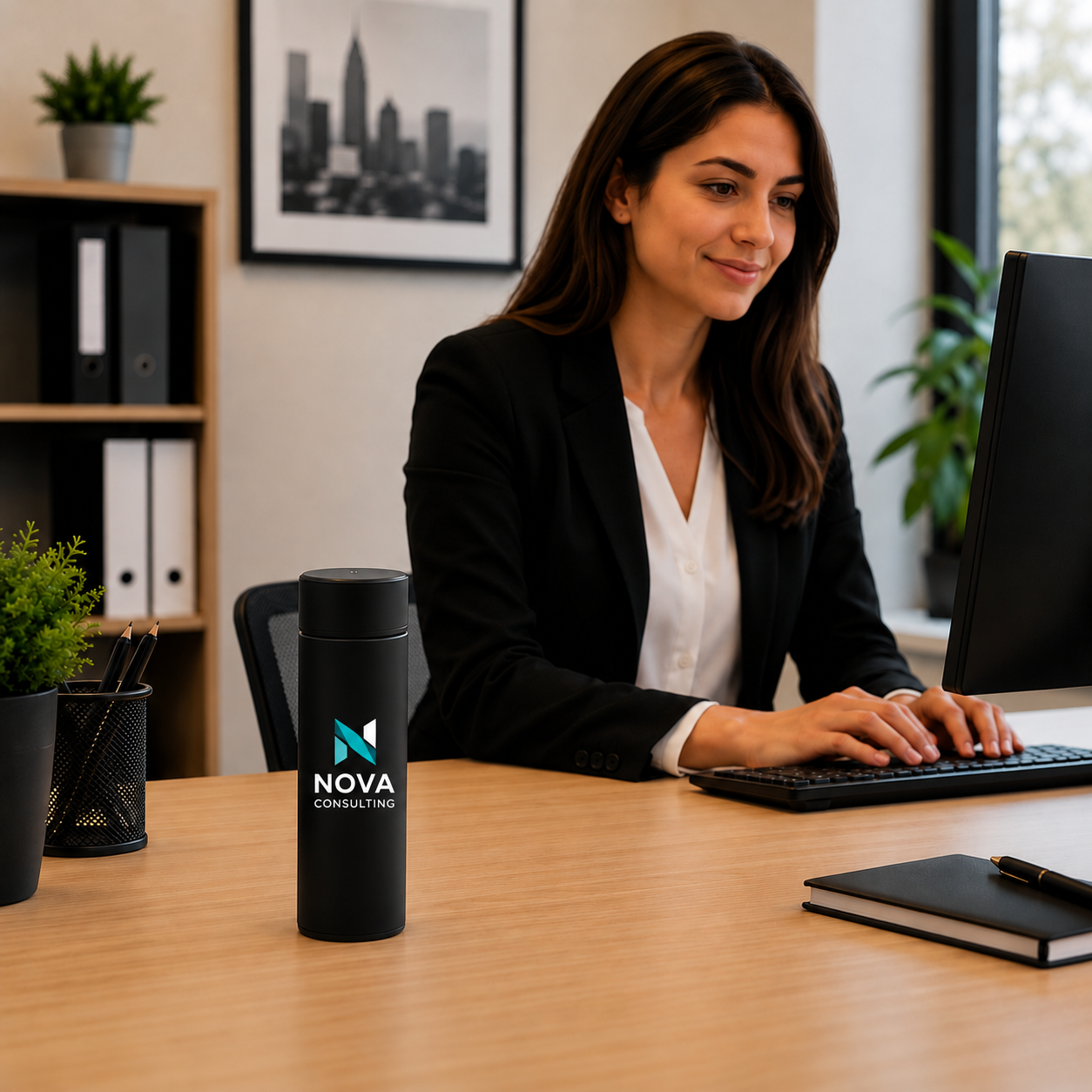 A woman in a black blazer and white blouse sits at a wooden desk using a computer in a modern office. In the foreground, a black insulated tumbler with the 'NOVA CONSULTING' logo is placed on the desk next to a notebook.