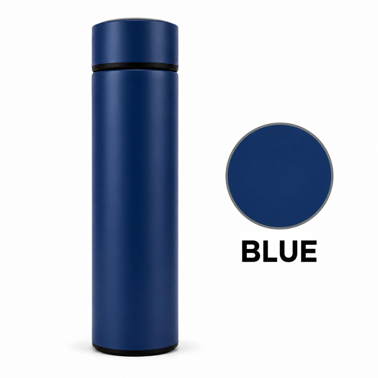 A matte navy blue insulated bottle with a matching lid, shown next to a circular color swatch labeled 'BLUE' on a white background.