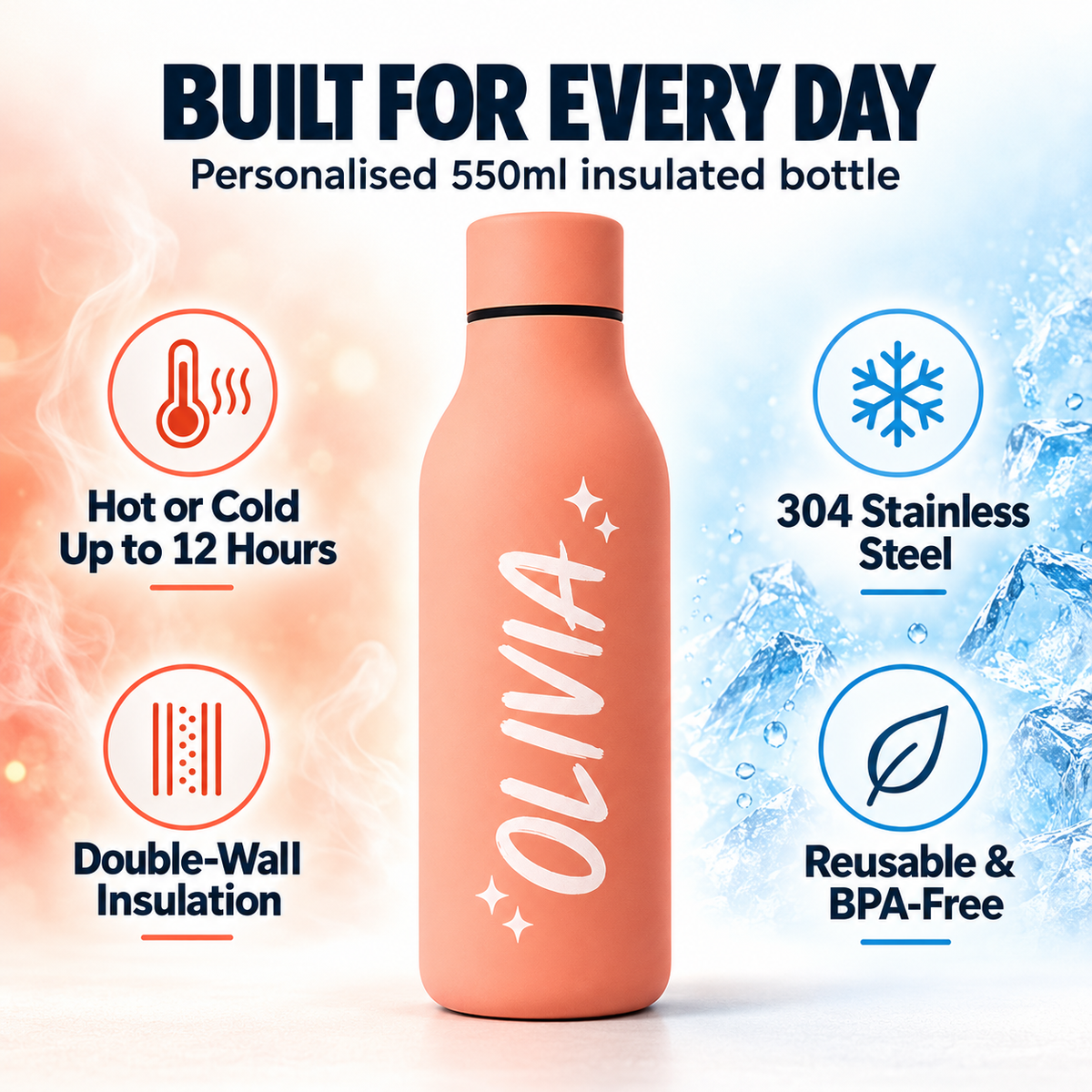 A personalized 550ml insulated water bottle in a peach-pink color with the name 'OLIVIA' printed in white on the front. The bottle is centered against a split background with warm orange/white tones on the left and icy blue/white tones on the right.