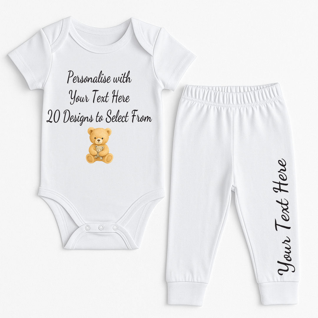 Adorable white baby bodysuit and pants with custom text and cute teddy bear illustration. Custom baby gift set with 20 fun designs to choose from.