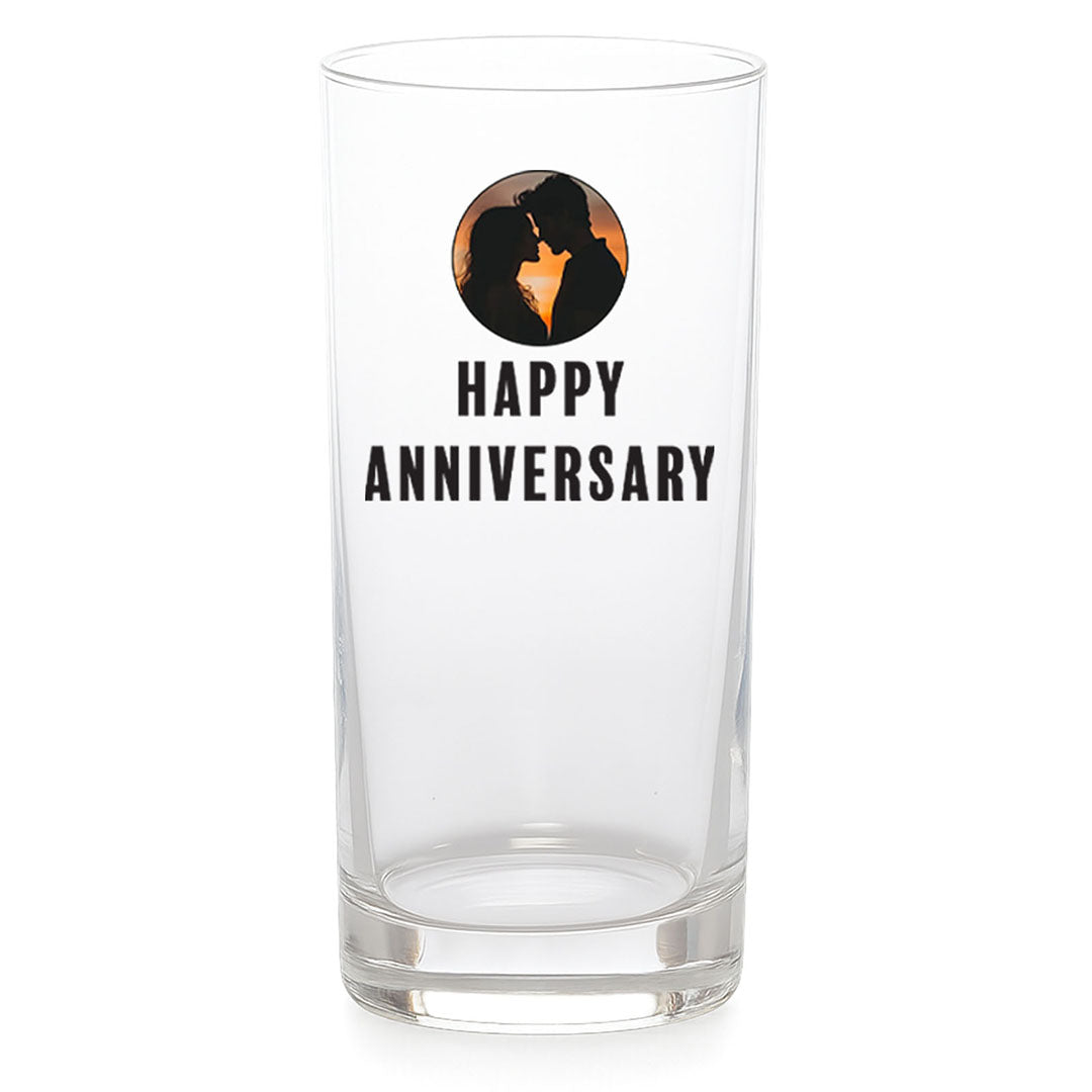 Custom clear table glass with a romantic couple silhouette photo and "Happy Anniversary" text. Perfect personalised anniversary gift for couples, made from high-quality glass.