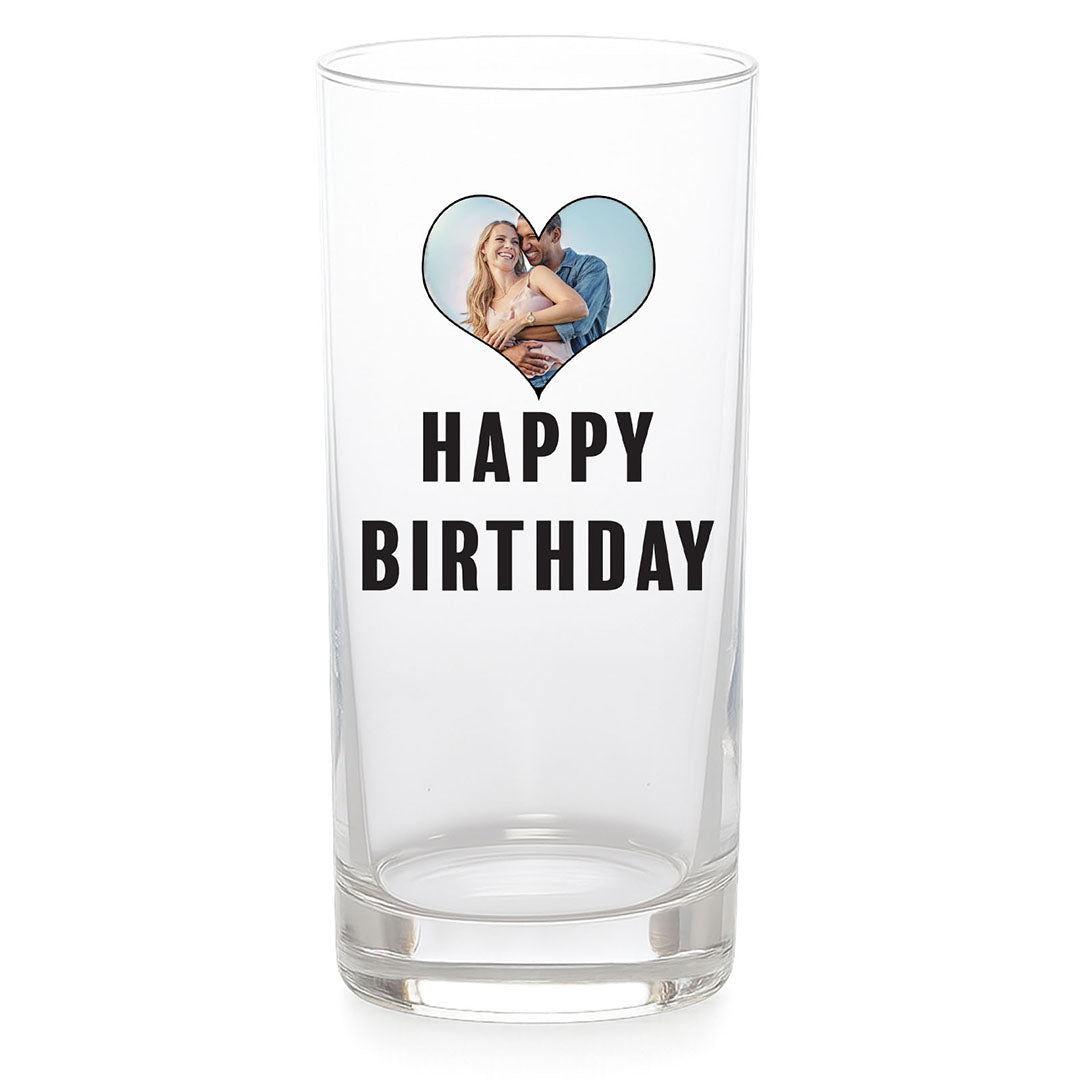 Custom glass featuring a heart-shaped photo of a happy couple with "Happy Birthday" text. Unique birthday gift idea, fully customisable with your image and message
