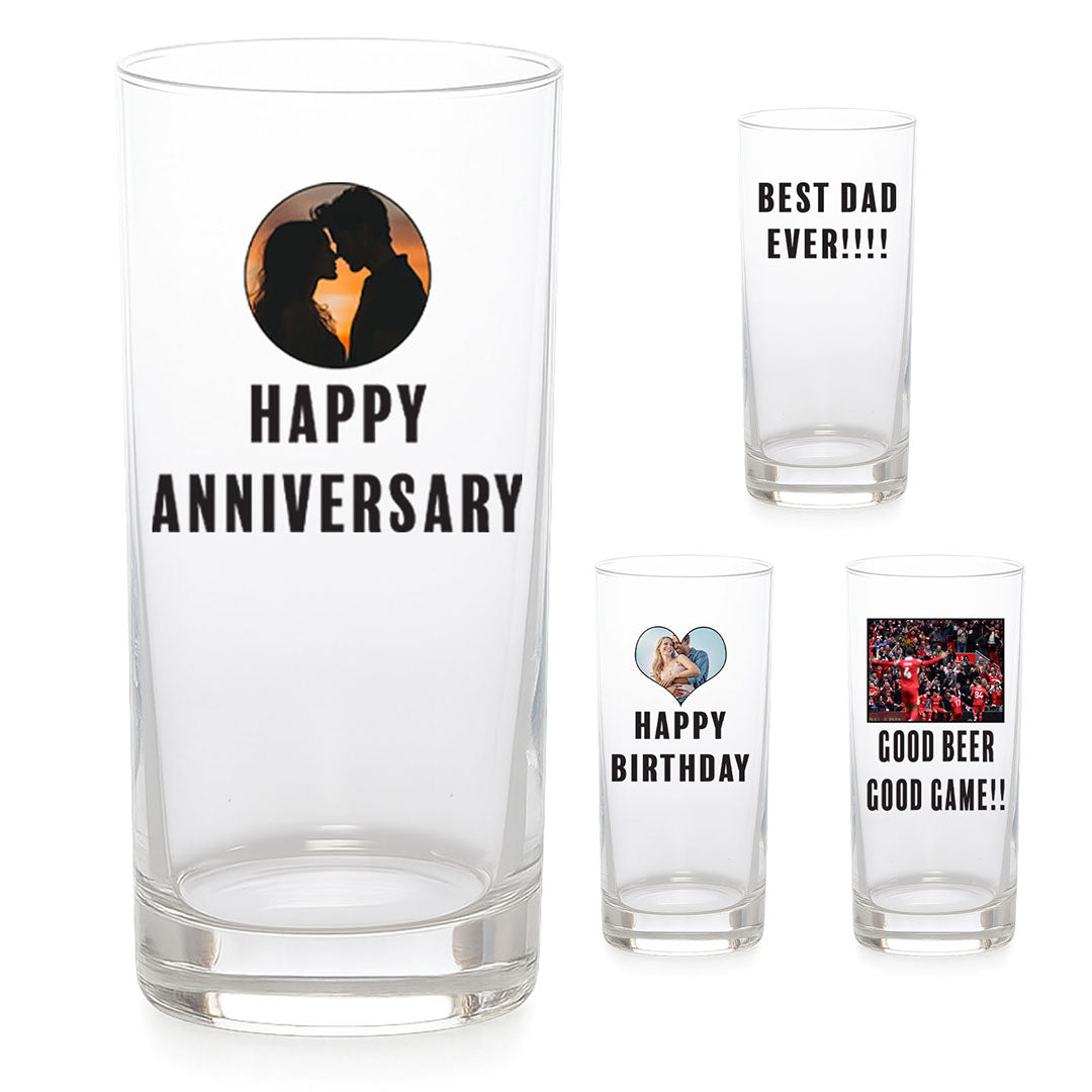 Variety of personalised clear glasses with different custom images and messages, including "Happy Anniversary," "Happy Birthday," "Best Dad Ever!!!!" and sports-themed gifts. Showcase of custom glassware for all occasions.