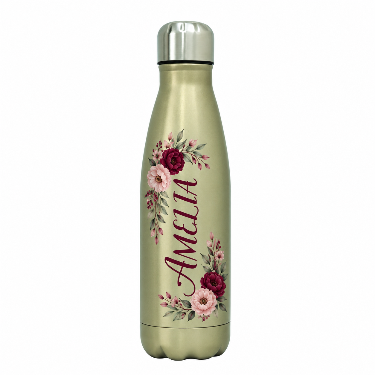 A personalized stainless steel water bottle with a metallic sage green body, decorated with pink and burgundy floral illustrations and the name 'Amelia' in script. It features a silver cap and is shown on a plain white background.
