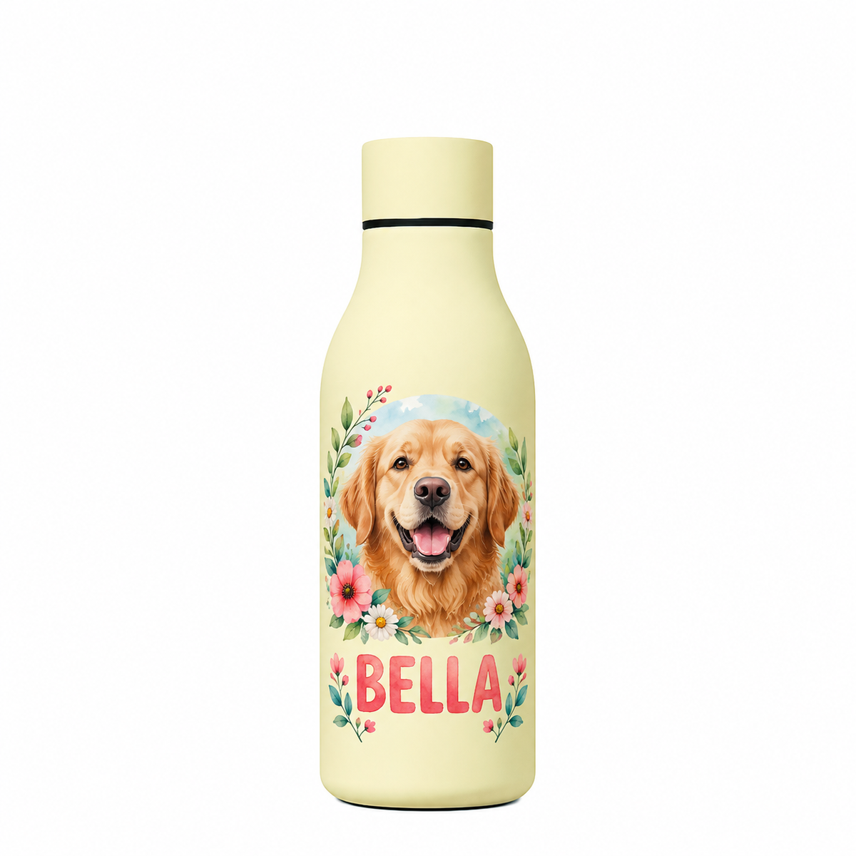 Personalised cream insulated water bottle with a full-colour Golden Retriever portrait, floral design and the name Bella.