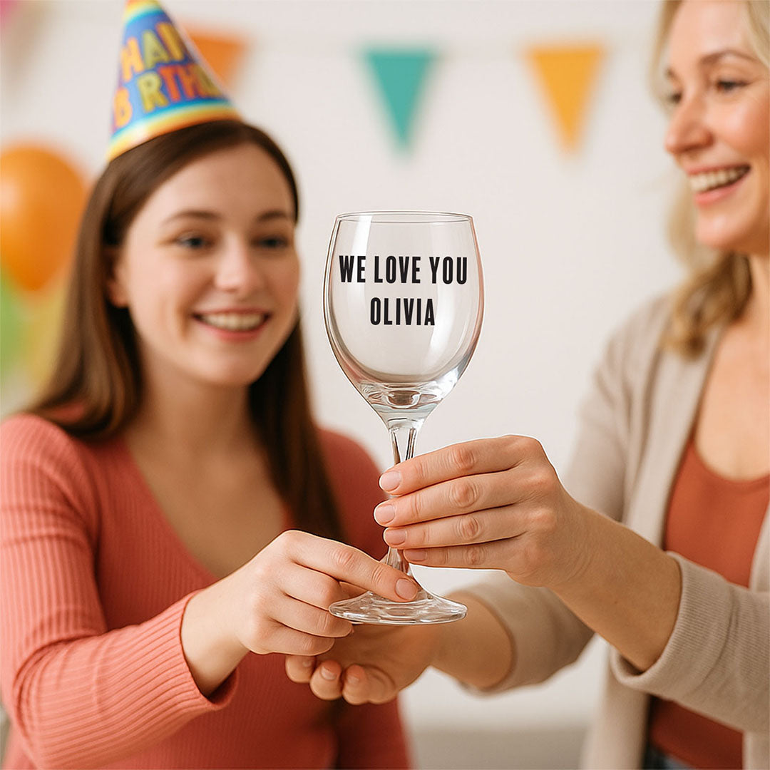 Make birthdays extra special with our custom 'We Love You Olivia' wine glass. Thoughtfully engraved, it’s the perfect keepsake for loved ones to cherish.