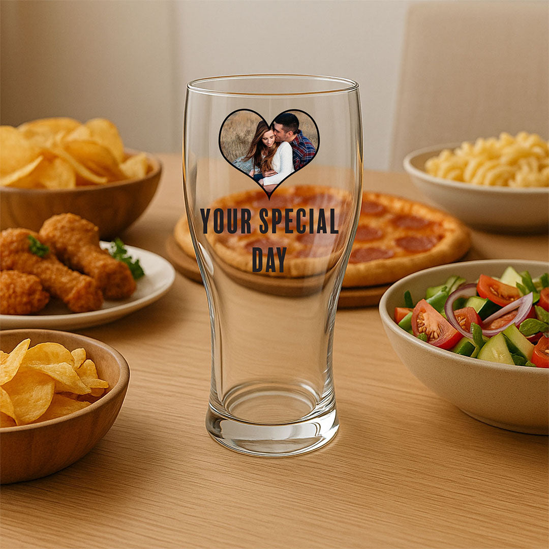 Unique custom pint glass with a heart photo and “Your Special Day” text, great for weddings, anniversaries, or any celebration.