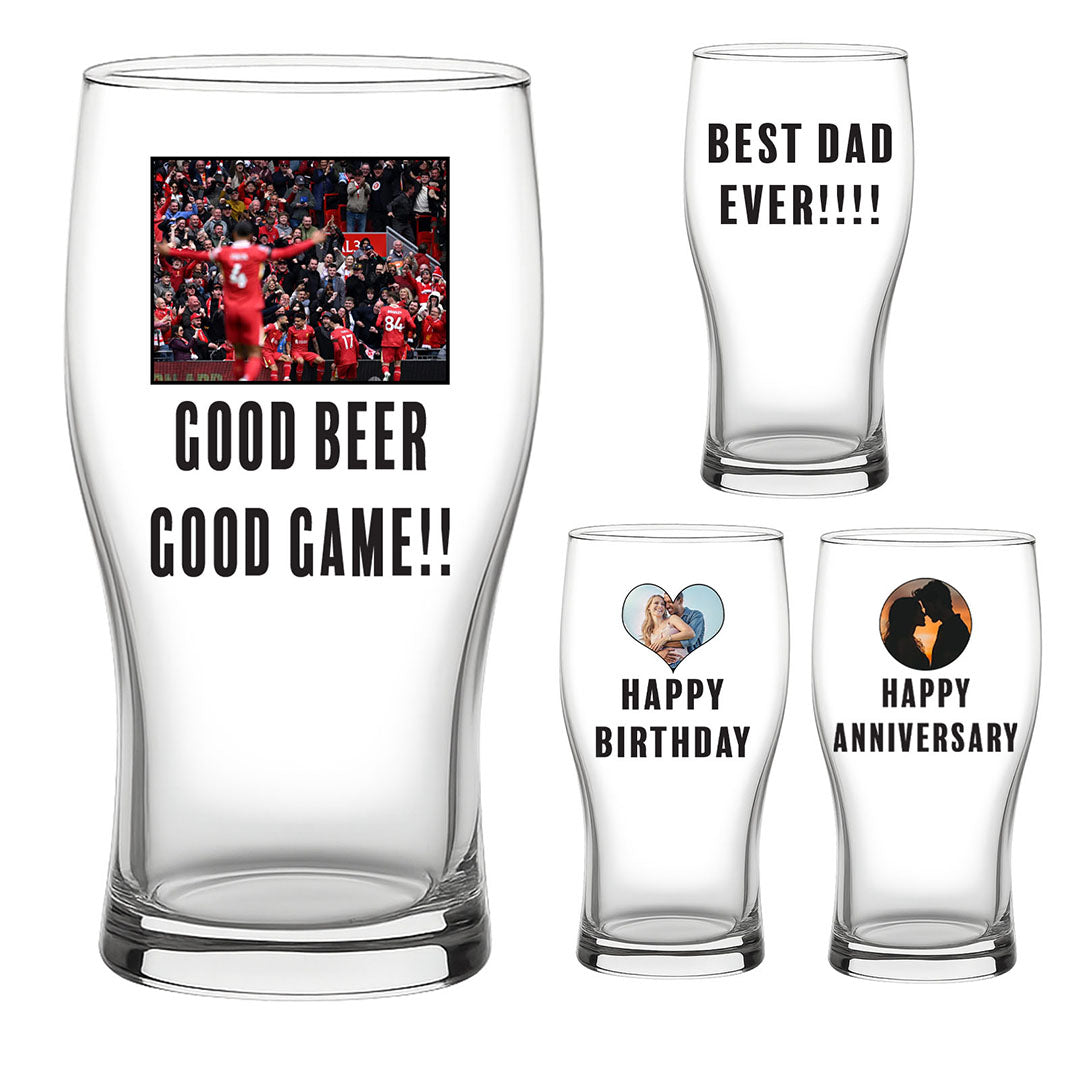 A collection of custom pint glasses featuring various personalized designs, including “Good Beer Good Game!!” with a football crowd photo, “Best Dad Ever!!!!”, “Happy Birthday” with a heart-shaped photo, and “Happy Anniversary” with a couple silhouette. Perfect for birthdays, anniversaries, Father’s Day, and sports gifts.