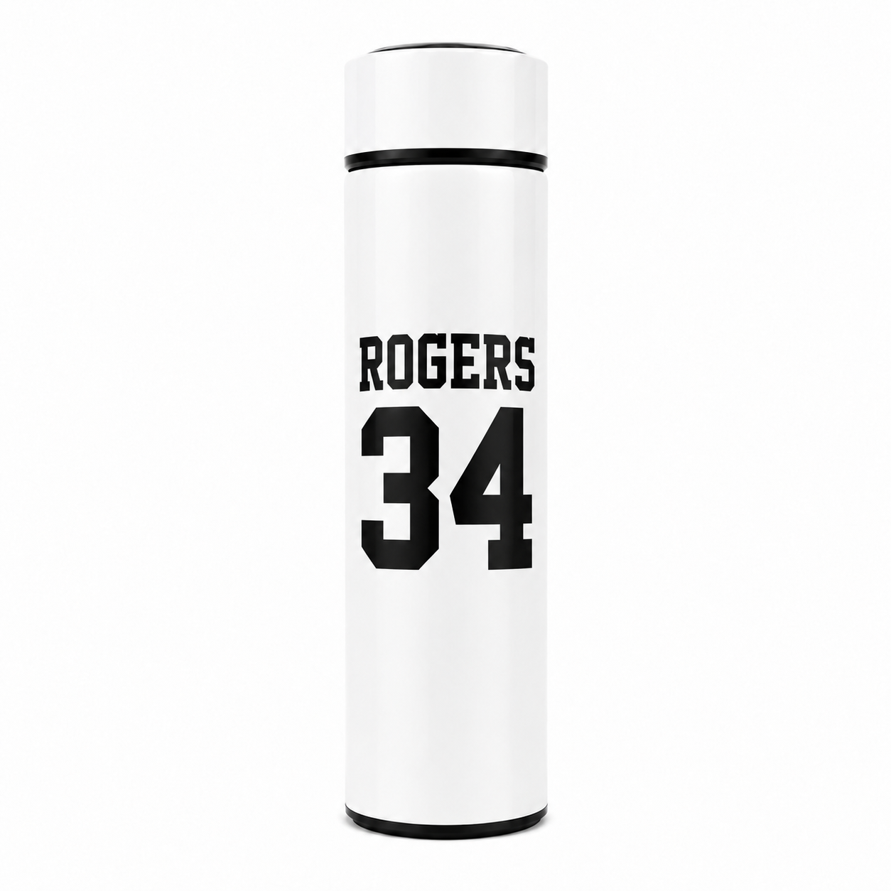A white insulated travel tumbler with a black lid and black printed text reading 'ROGERS 34' on the front, shown on a plain white background.
