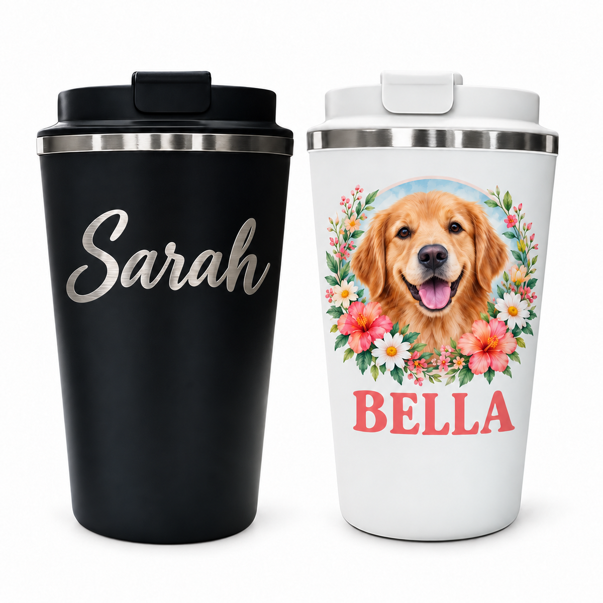 Two insulated travel tumblers shown side by side on a white background. The left tumbler is matte black with a silver lid and the word 'Sarah' printed in silver script.