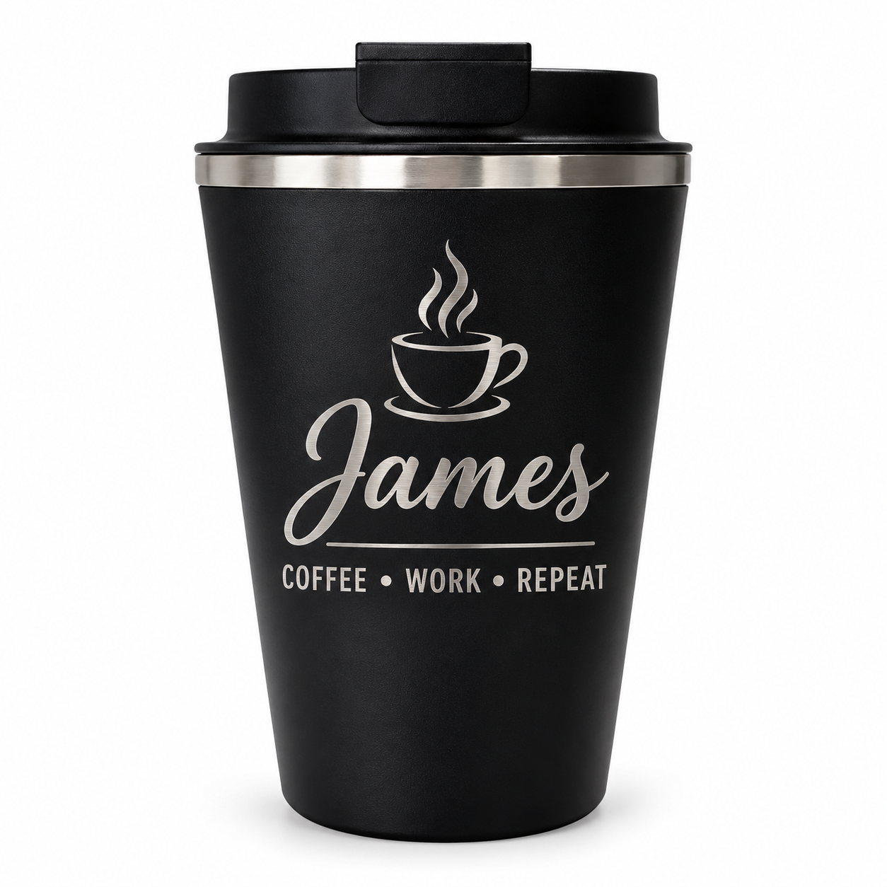 A black insulated travel tumbler with a matching black lid and a silver metallic band near the top. The front is personalized with a silver coffee cup graphic, the name 'James', and the phrase 'COFFEE • WORK • REPEAT'.