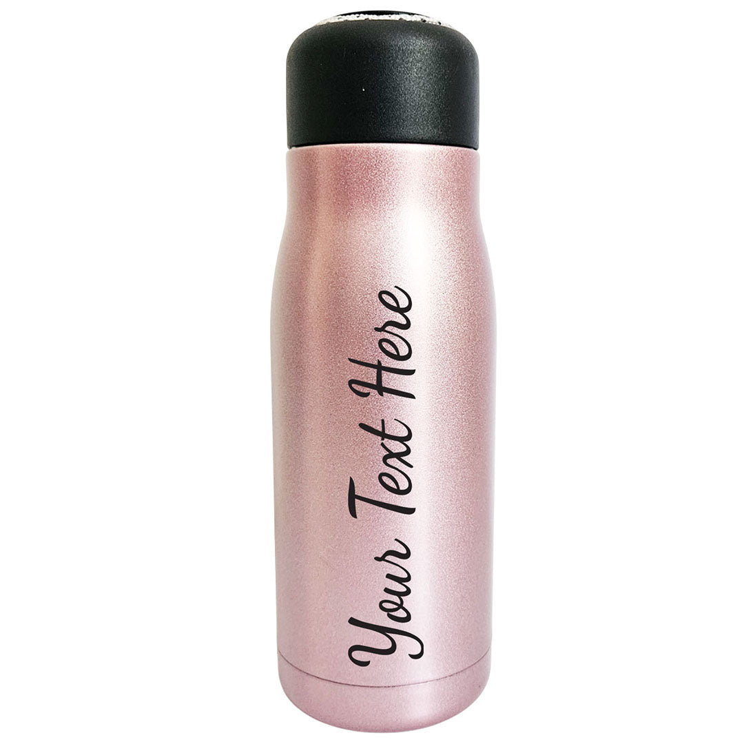 Rose gold insulated bottle with black text 'Your Text Here' on a white background